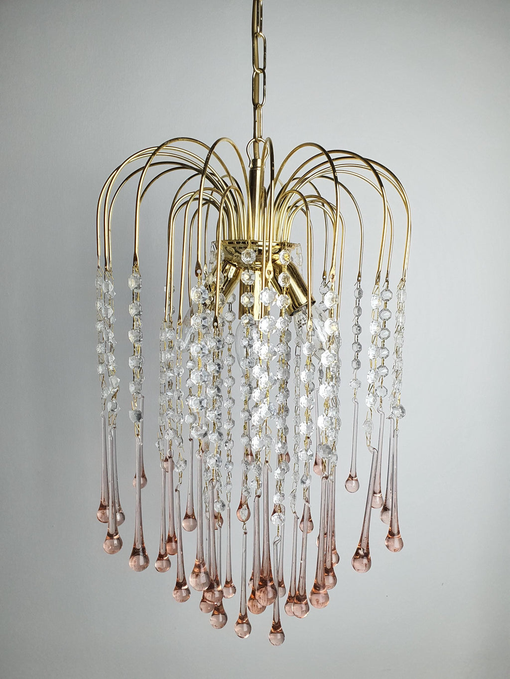 Vintage Murano Glass Chandelier | Pink Teardrop Hollywood Regency Cascade Light
