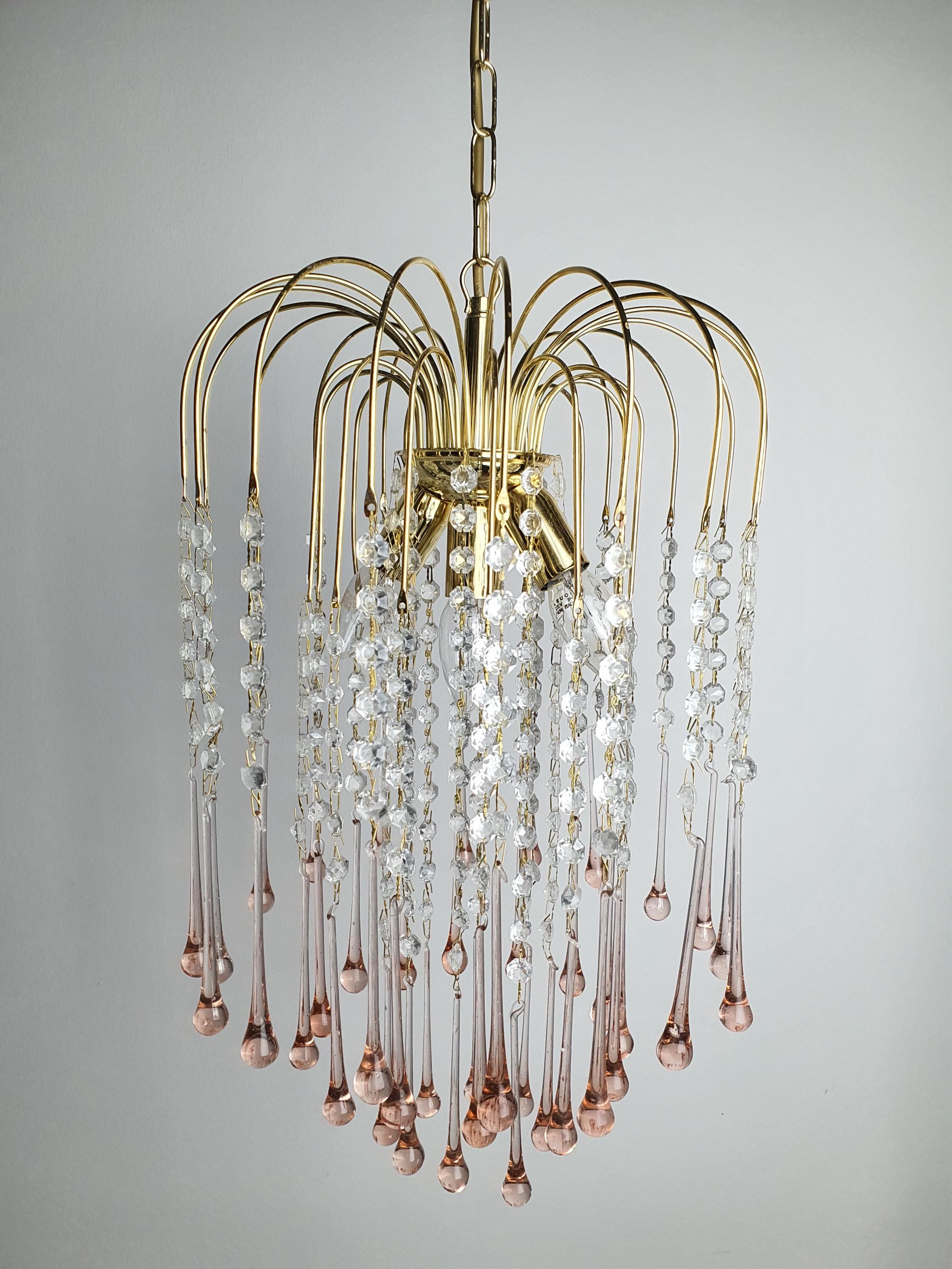 Vintage Murano Glass Chandelier | Pink Teardrop Hollywood Regency Cascade Light