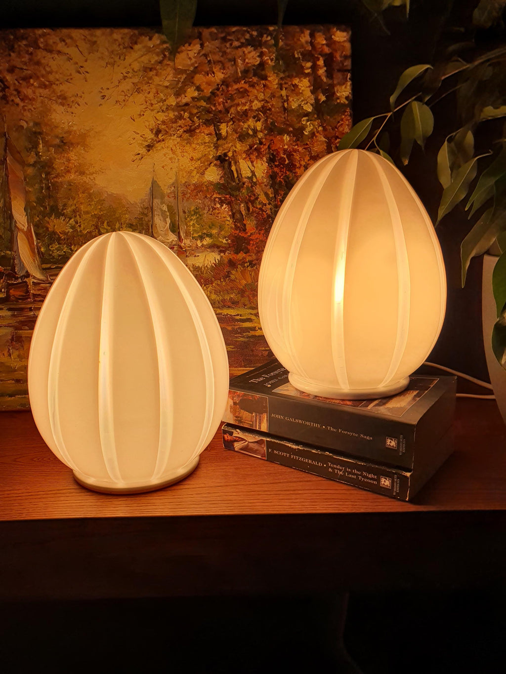 Murano Glass Bedside Lamps: Striped Egg Shape, Mid-Century Modern