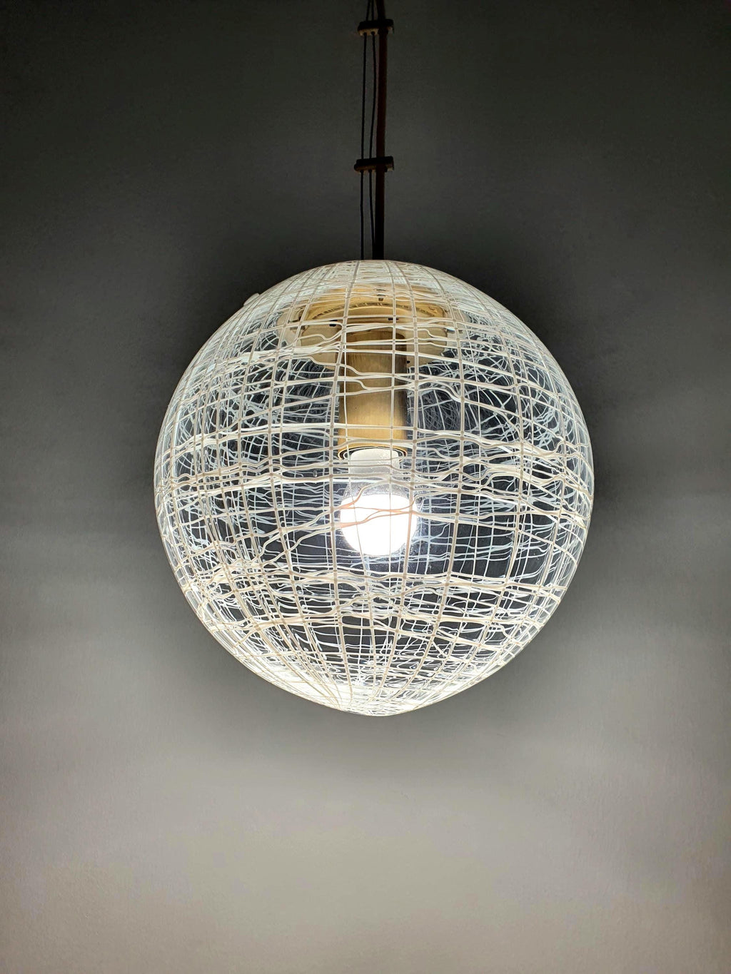 Vintage La Murrina Murano glass globe pendant light with white linear swirls, mid-century Italian design