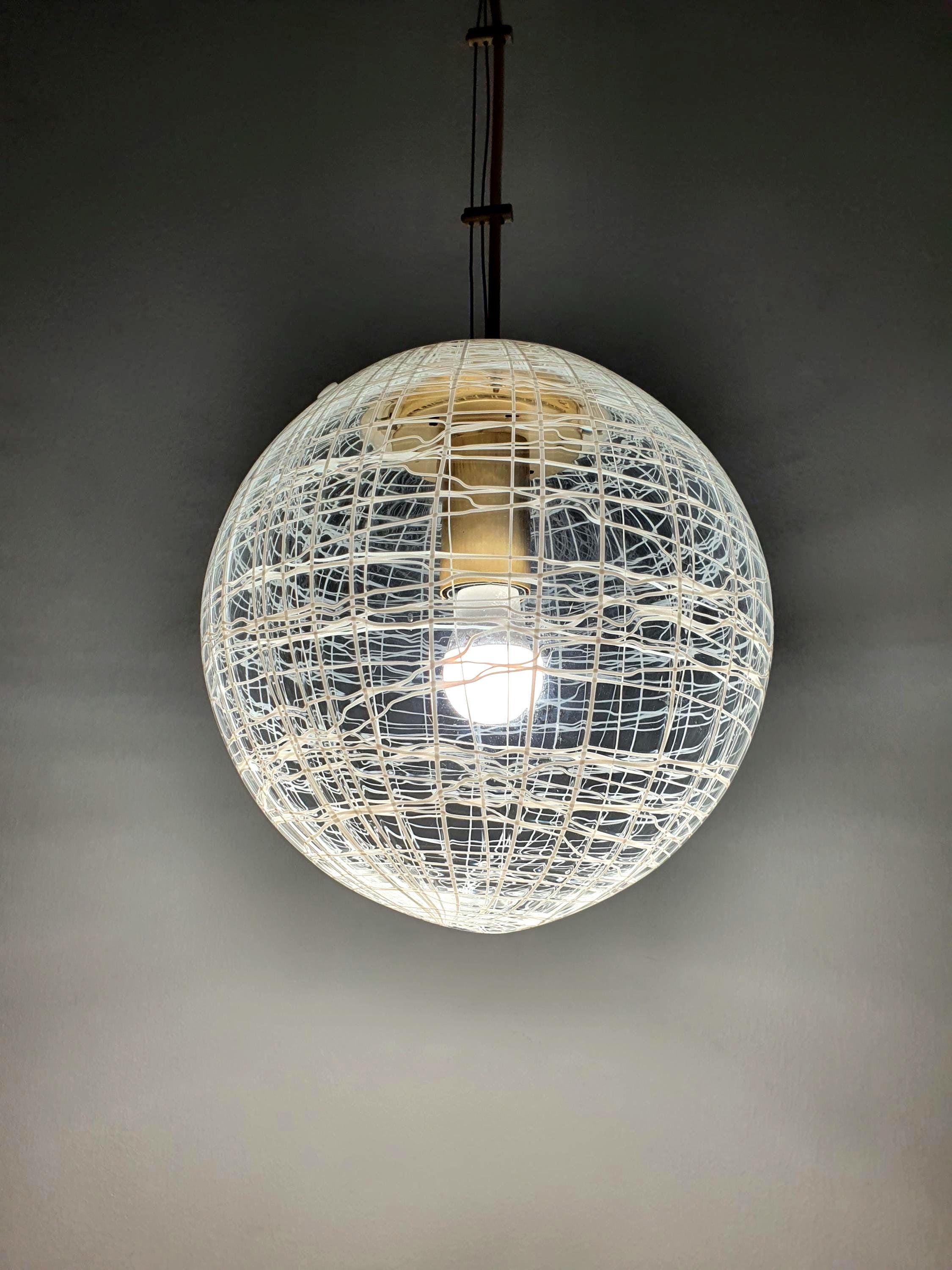 Vintage La Murrina Murano glass globe pendant light with white linear swirls, mid-century Italian design
