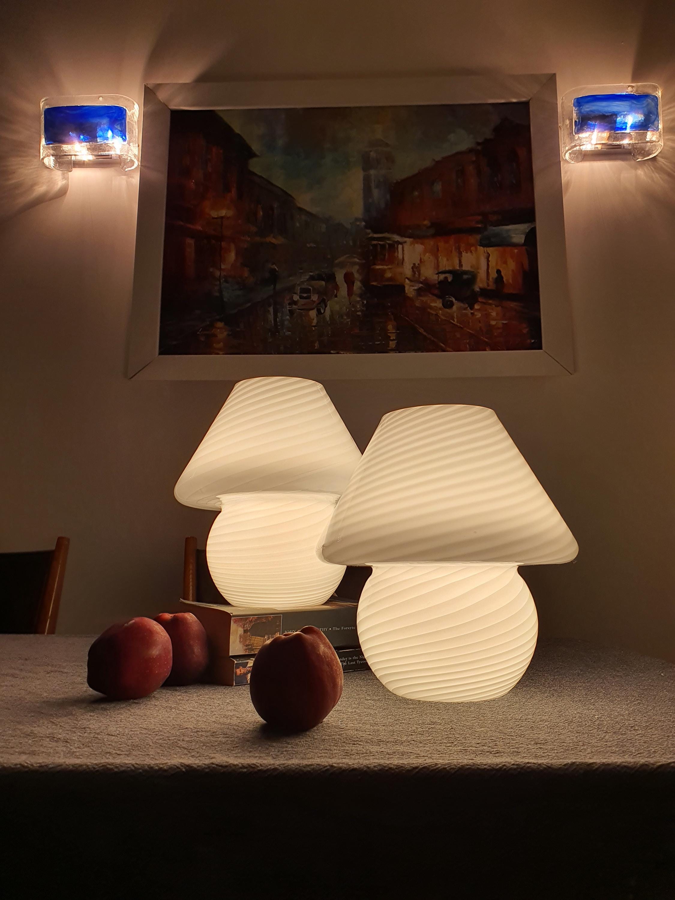 Pair of Vintage Murano Glass White Swirl Mushroom Bedside Lamps