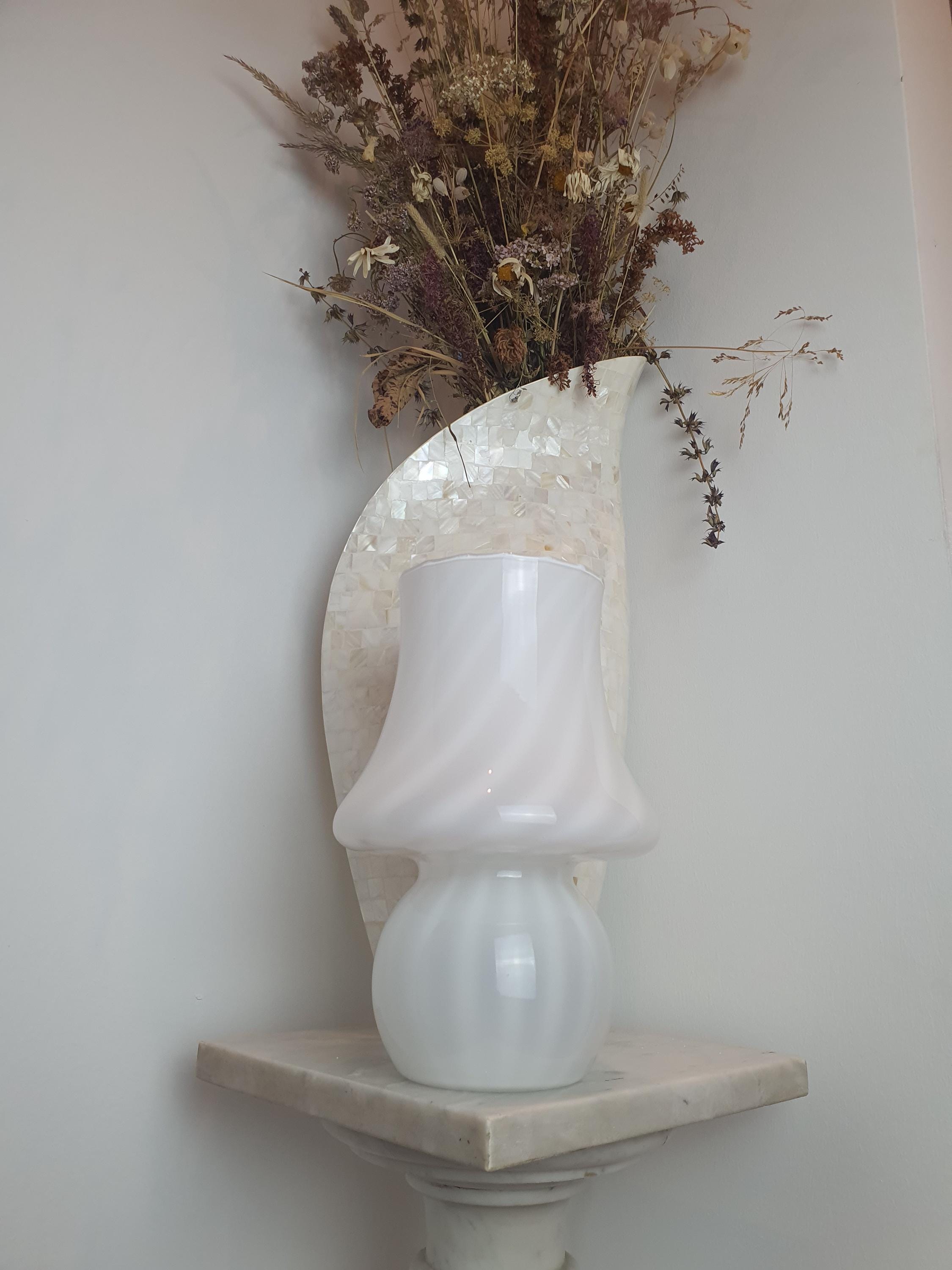 Vintage Murano Glass Mushroom Lamp: White Swirl Scandinavian Bedside Light