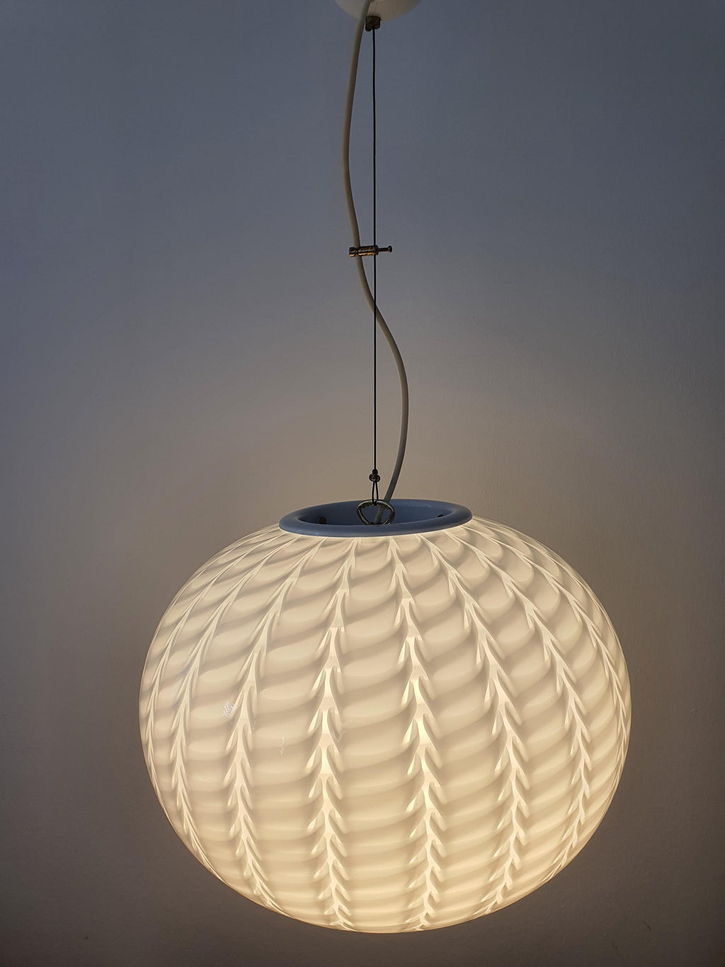 Murano Glass Globe Pendant Light: Handblown White Wave, Mid-Century Modern