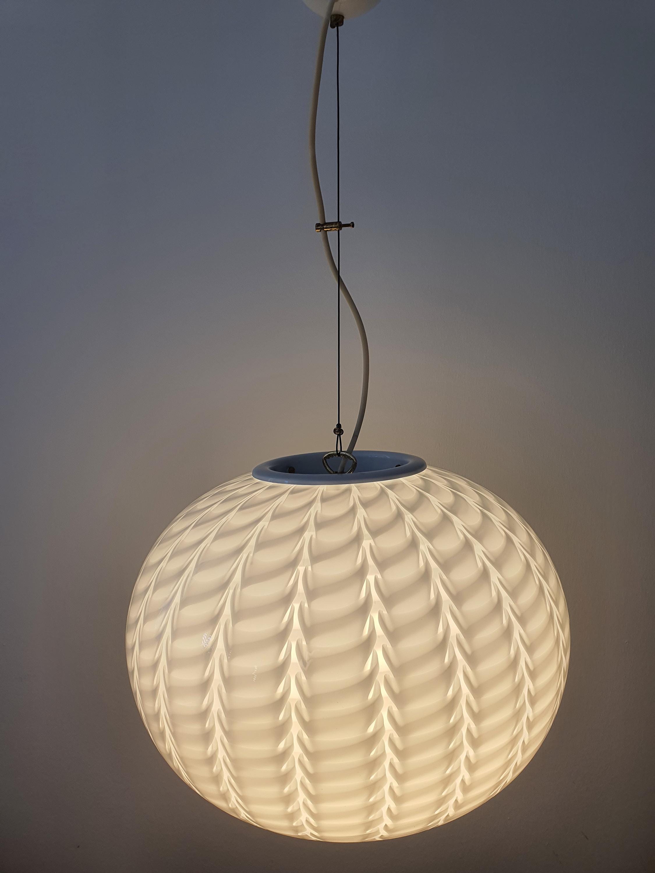 Murano Glass Globe Pendant Light: Handblown White Wave, Mid-Century Modern