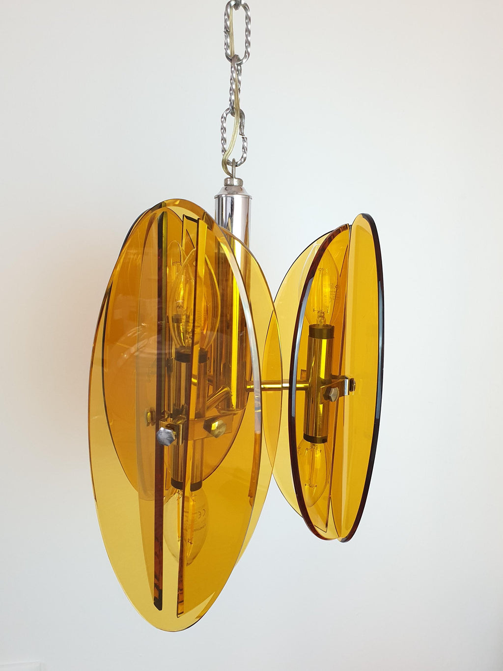 Veca Italian Chandelier 1970s Orange Glass Space Age Pendant Chrome Base