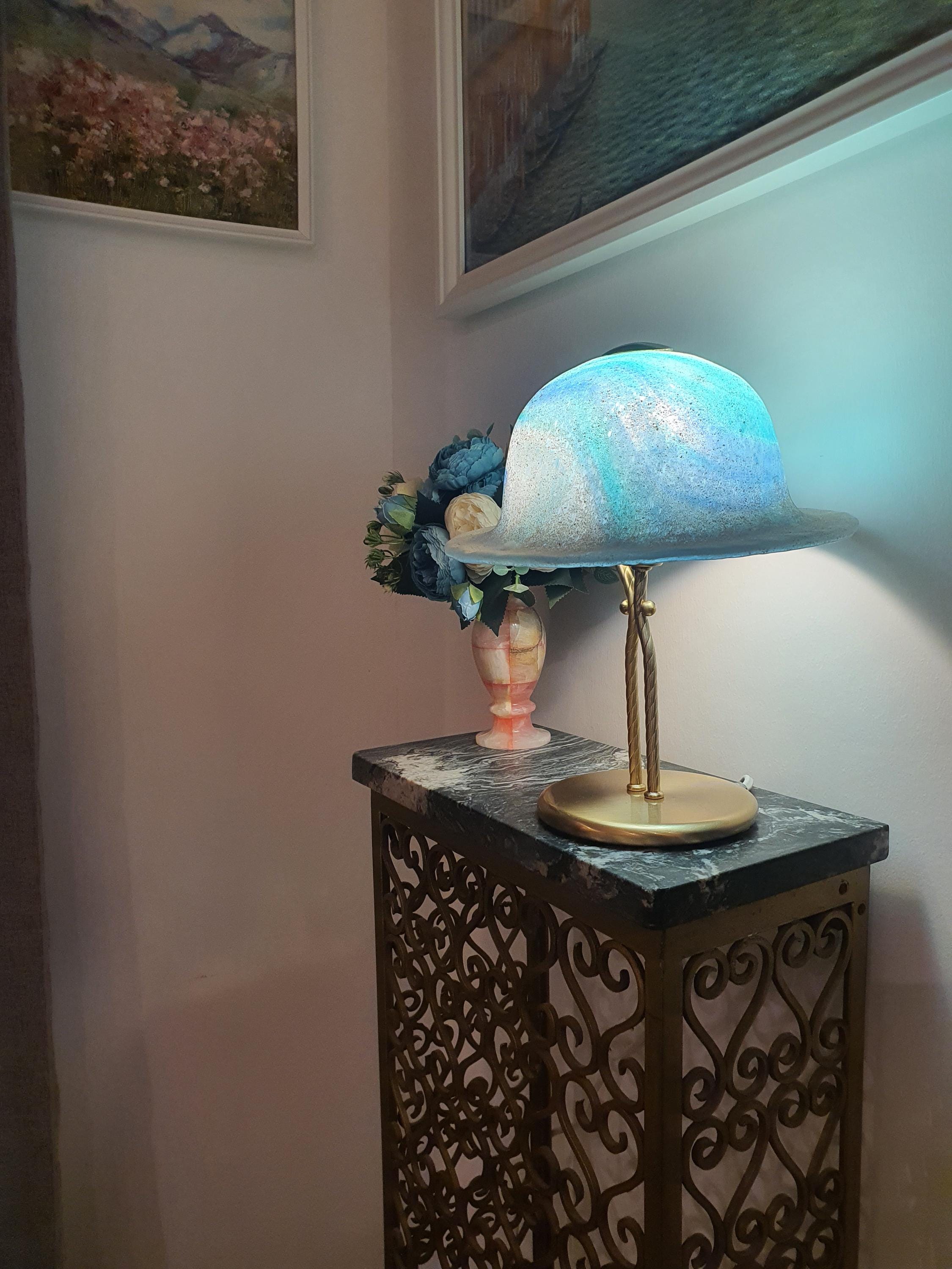 La Murrina Murano Glass Bedside Lamp: Space Blue Hat Shape, Golden Base