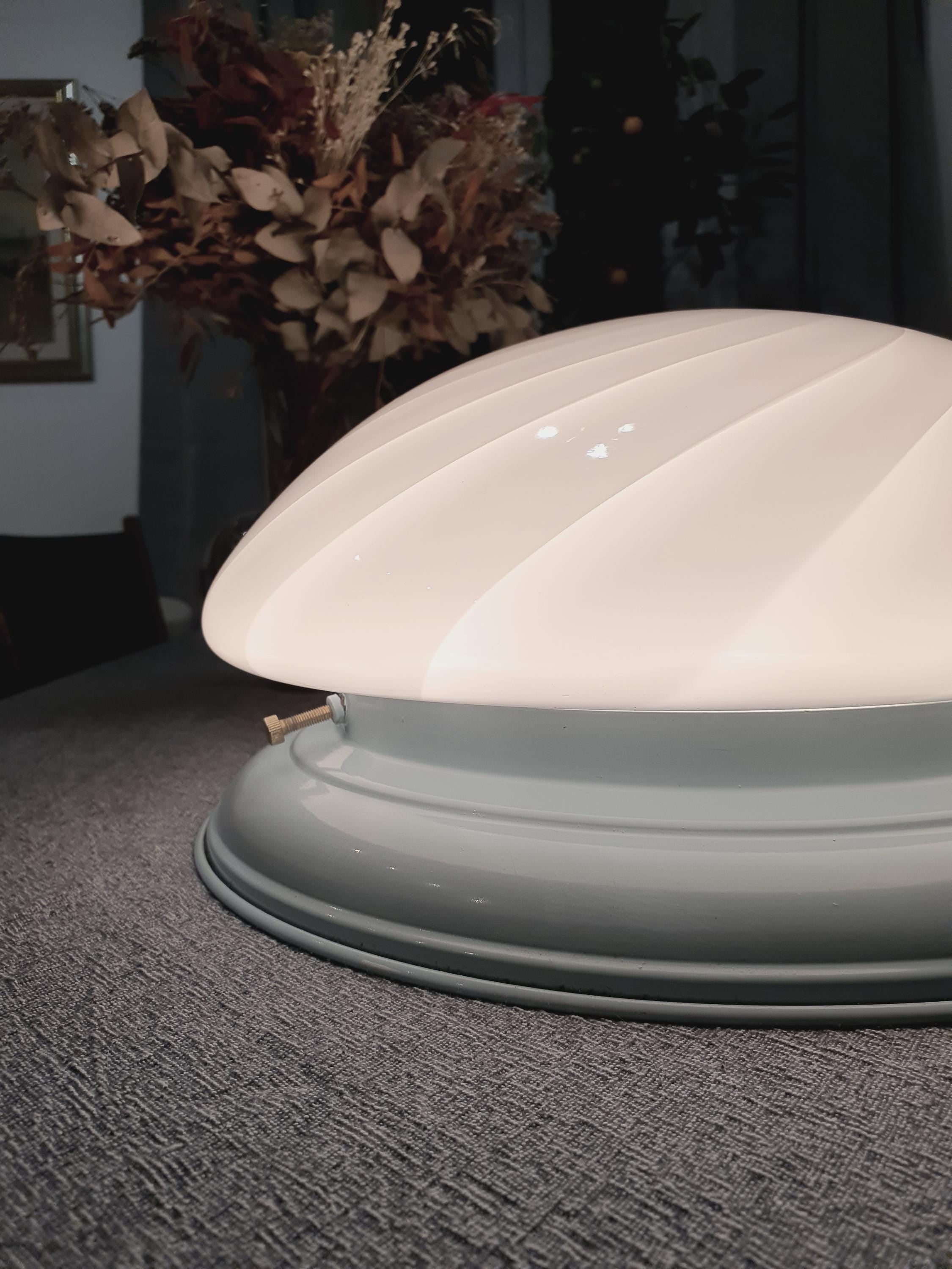 Vintage Murano Glass Swirl Flush Mount Light: White on Blue, MCM Deco