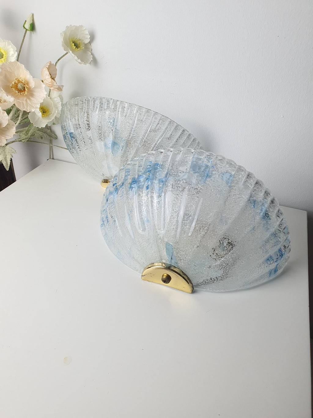 Pair of Vintage Murano Glass Shell Wall Sconces | Frosted Italian Lighting with Blue Accents