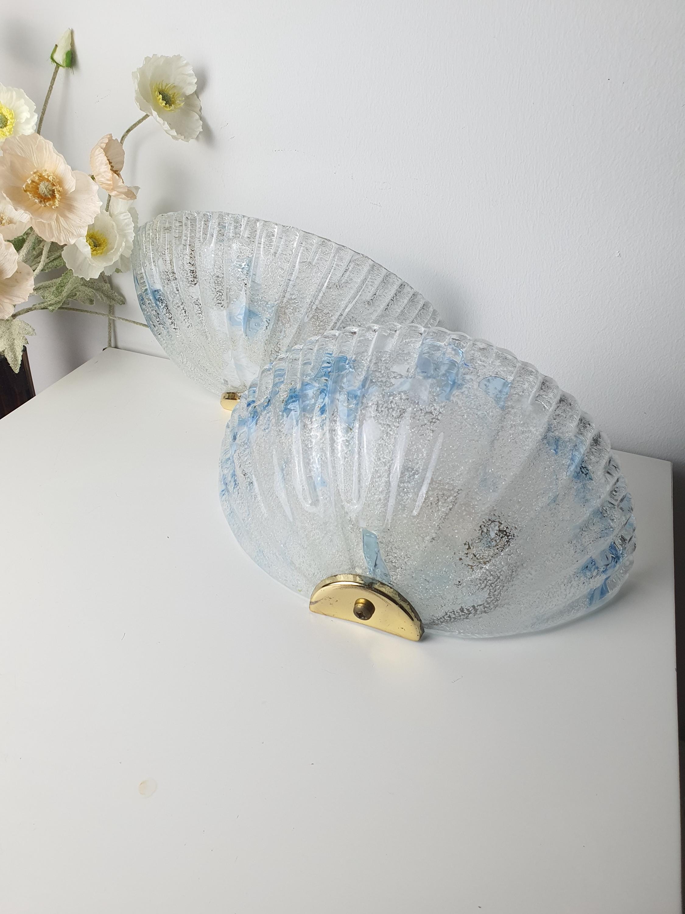 Pair of Vintage Murano Glass Shell Wall Sconces | Frosted Italian Lighting with Blue Accents