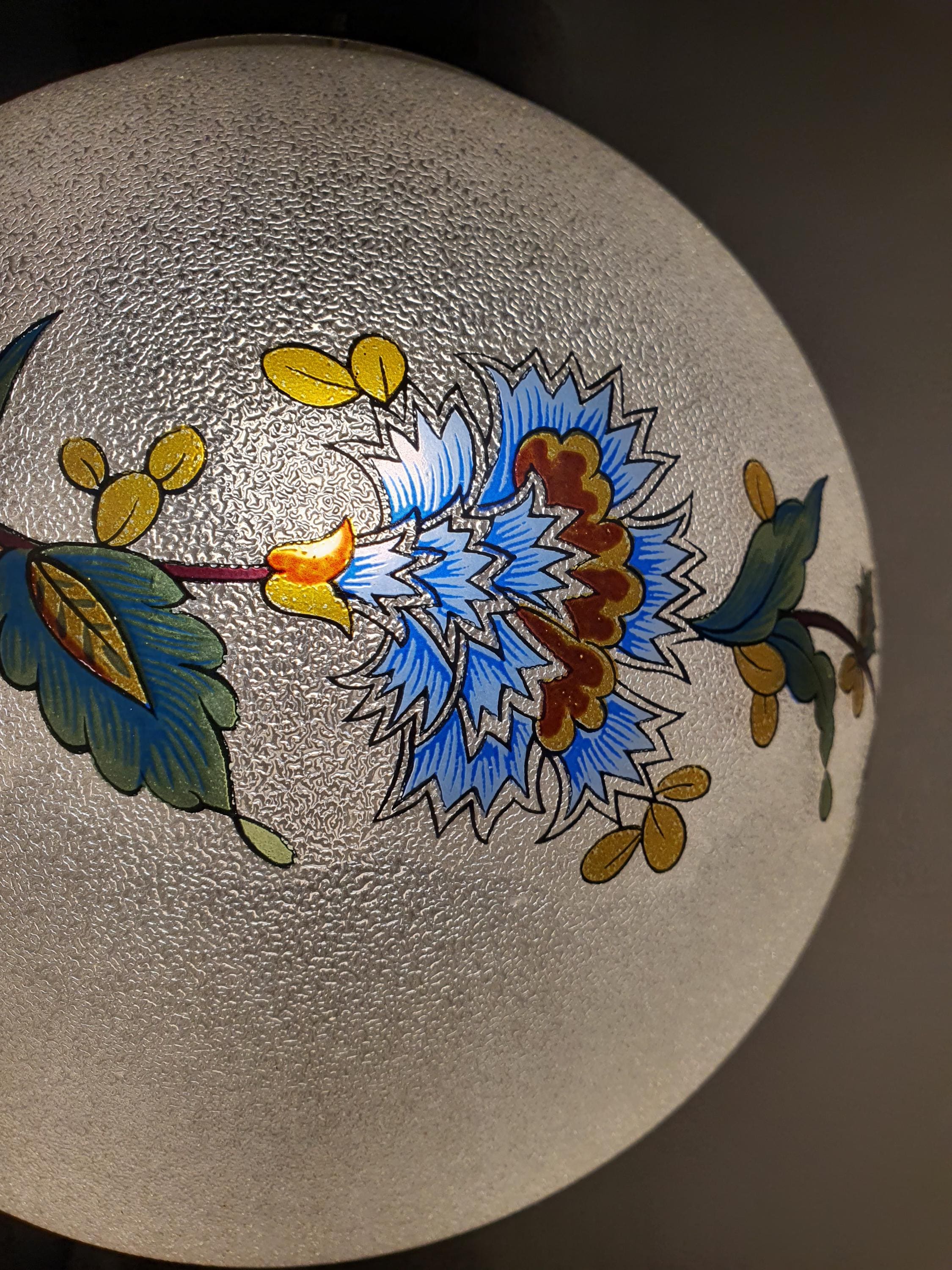 1950s Italian Vintage Globe Pendant Light Frosted Glass Floral Wooden Chrome Base