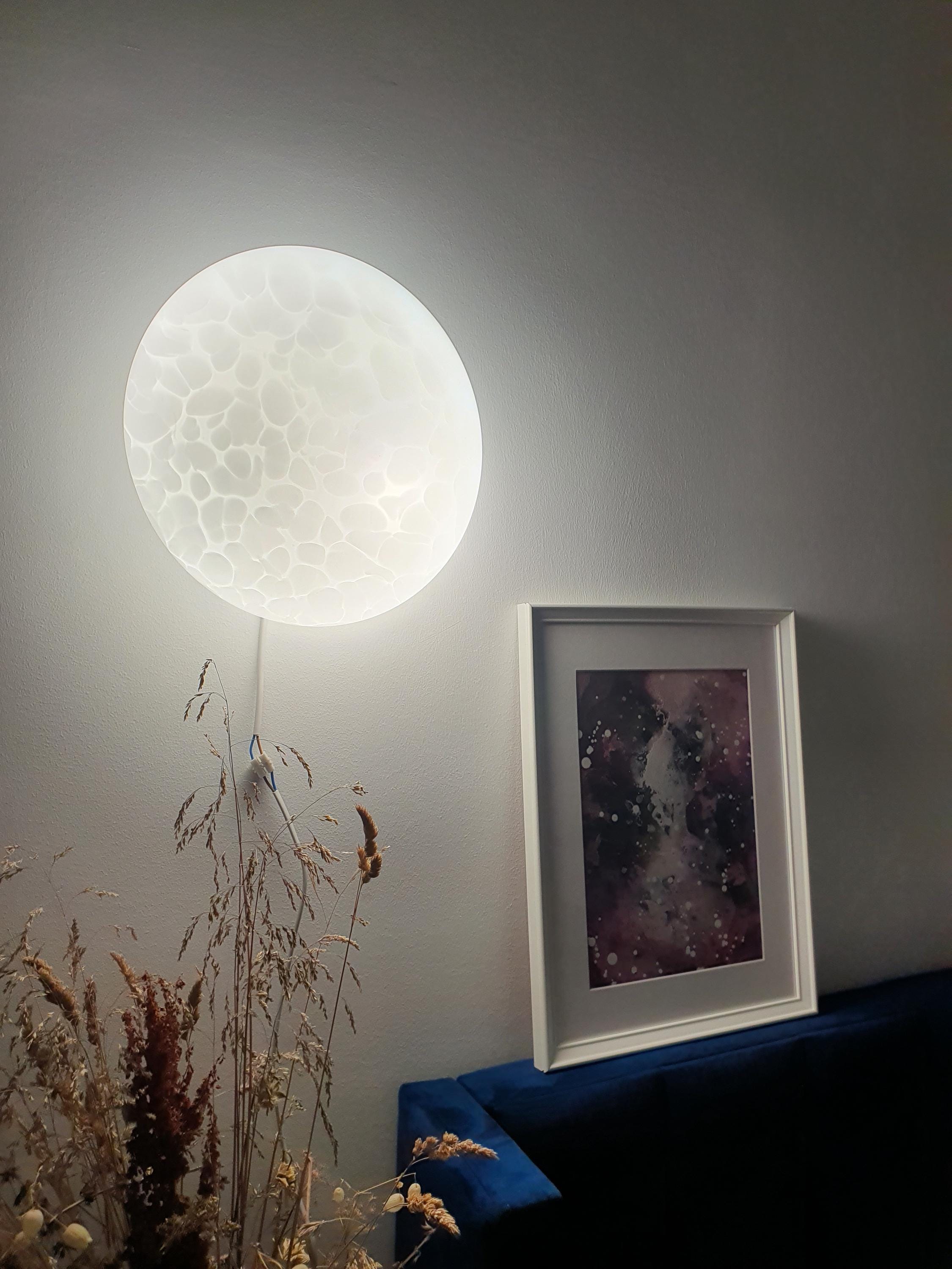 Vintage Murano glass flush mount wall light, layered clear and white glass, moonstone white spotted effect, Italy