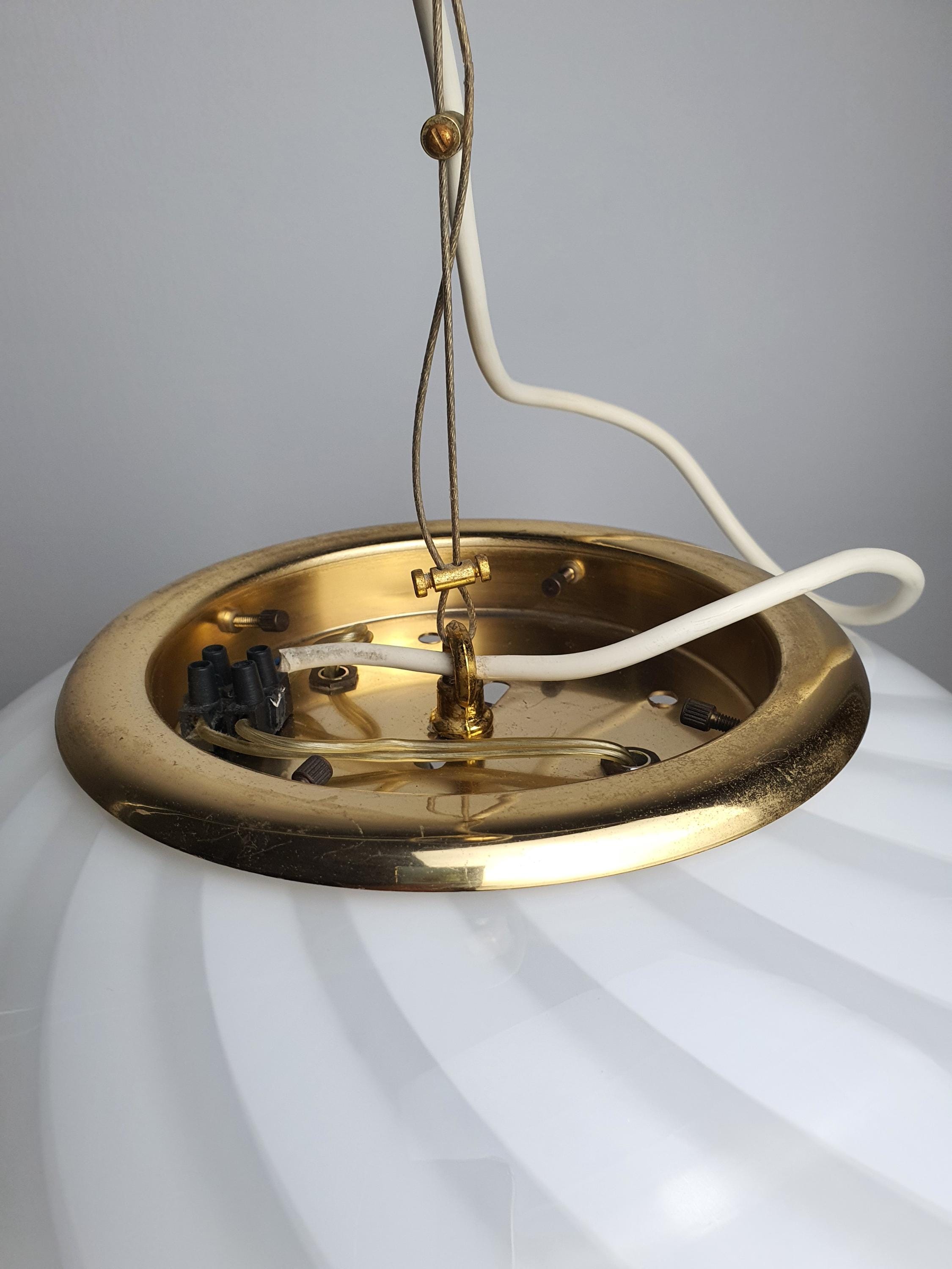 Murano Glass Pendant Light: White Swirl Globe, Vintage MCM Chandelier