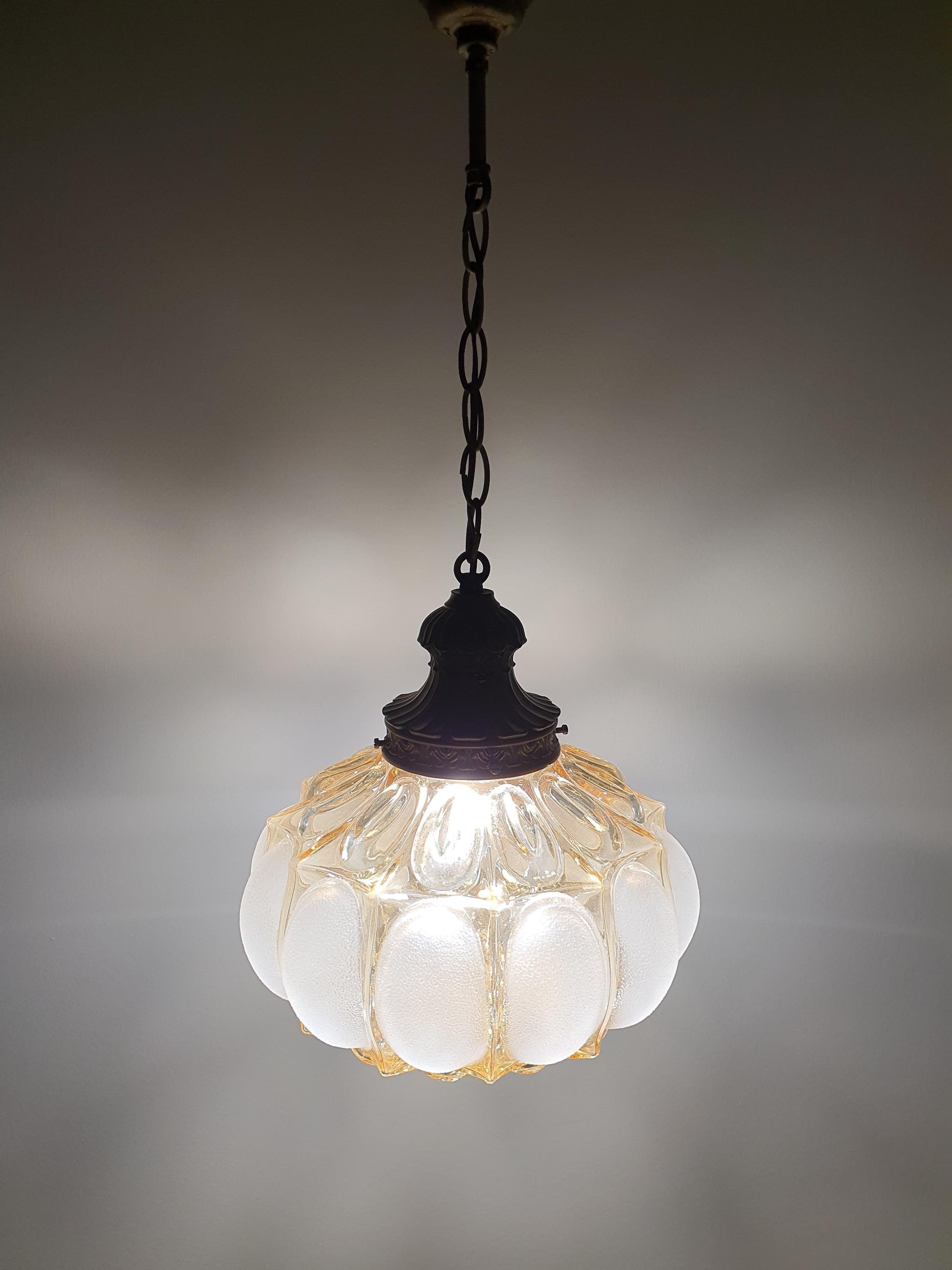 Art Deco Pendant Light – Stamped Beige Glass with Pearl Finish & Bronze Fixture