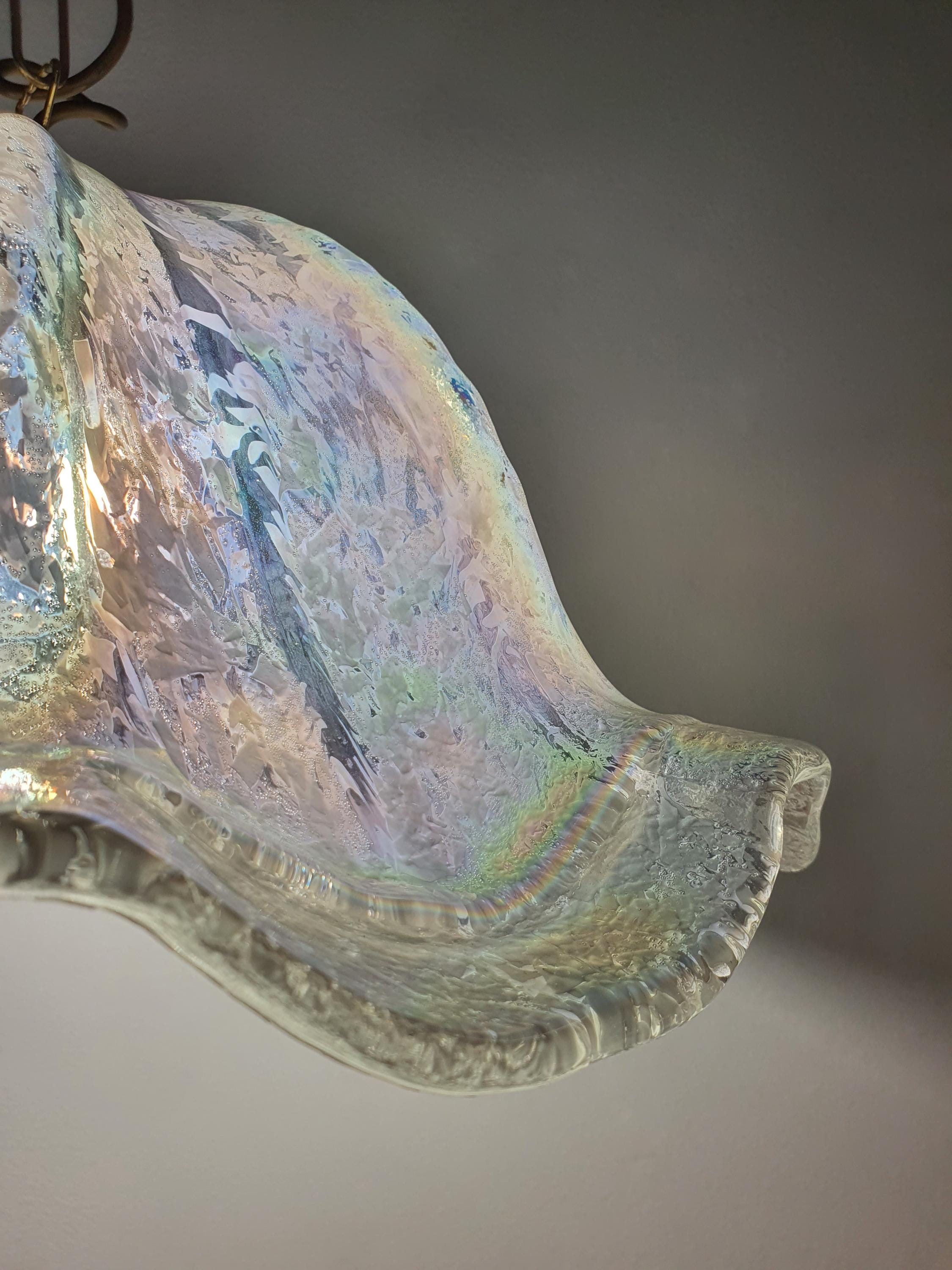 Vintage Murano glass iridescent organic pendant light fazzoletto style