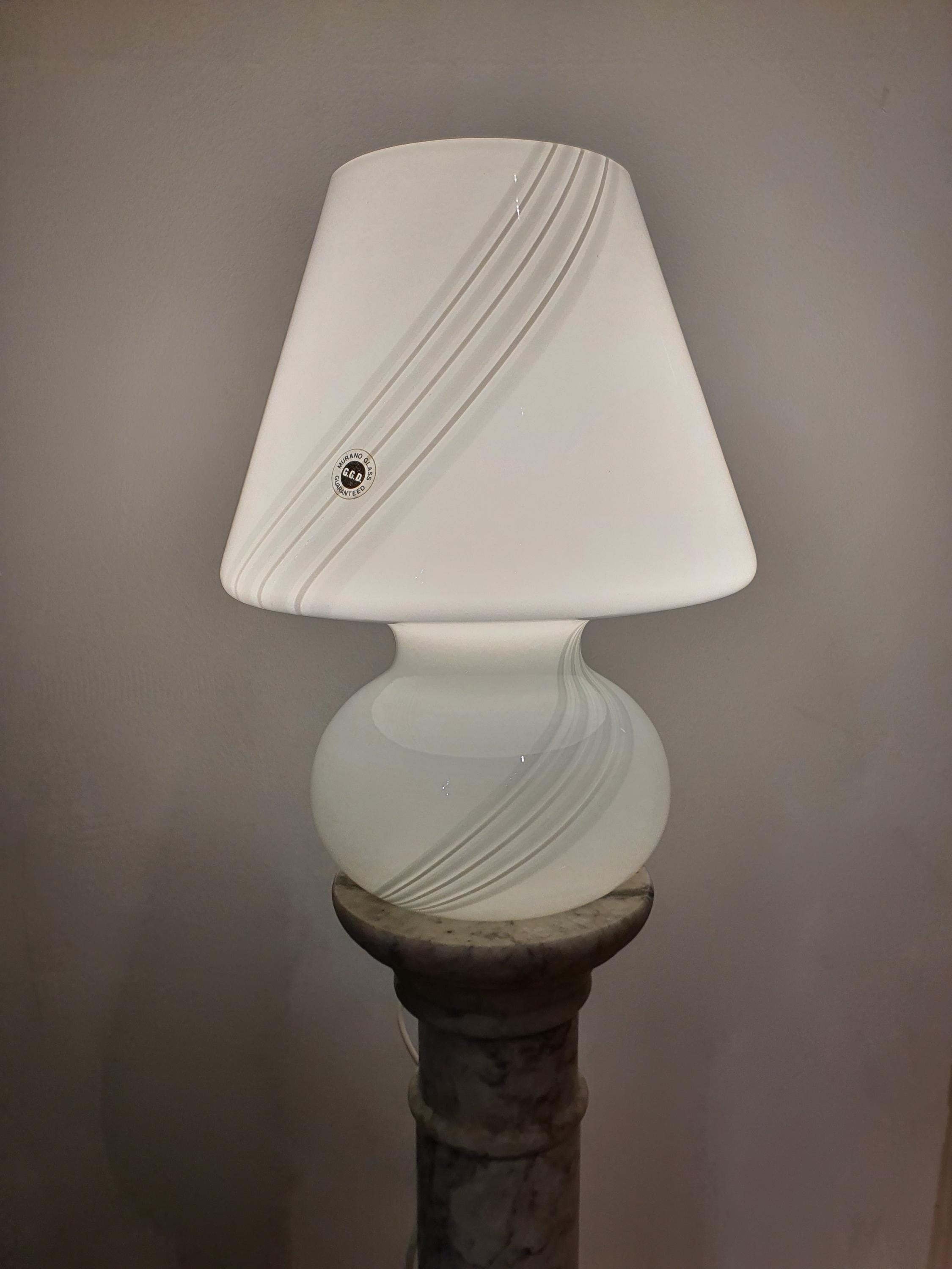 Murano Glass Mushroom Lamp: 1980s Mid Century Modern Swirl Bedside Light