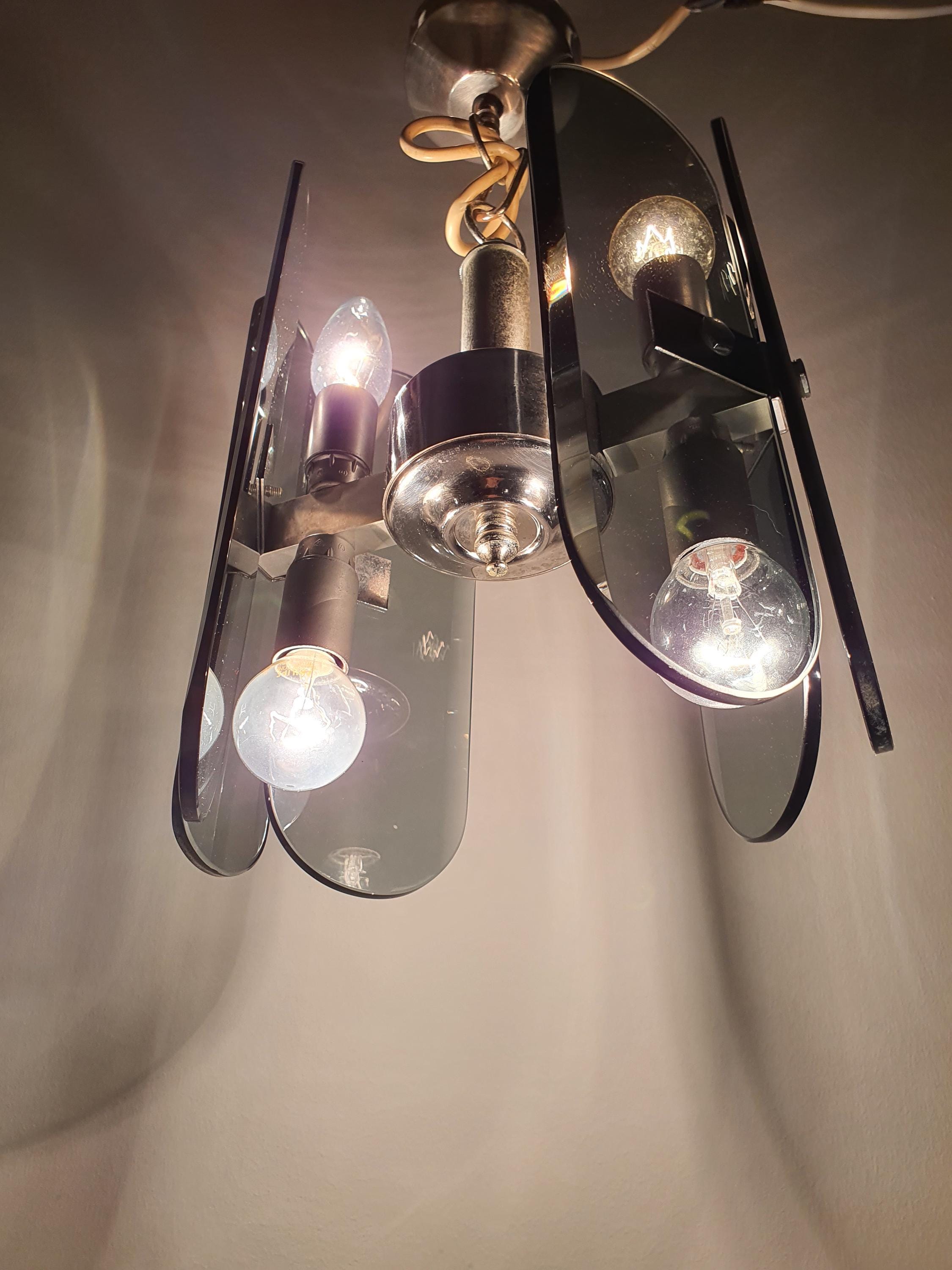 Veca Bottle Glass Chandelier: Mid-Century Modern Italian Chrome Lamp
