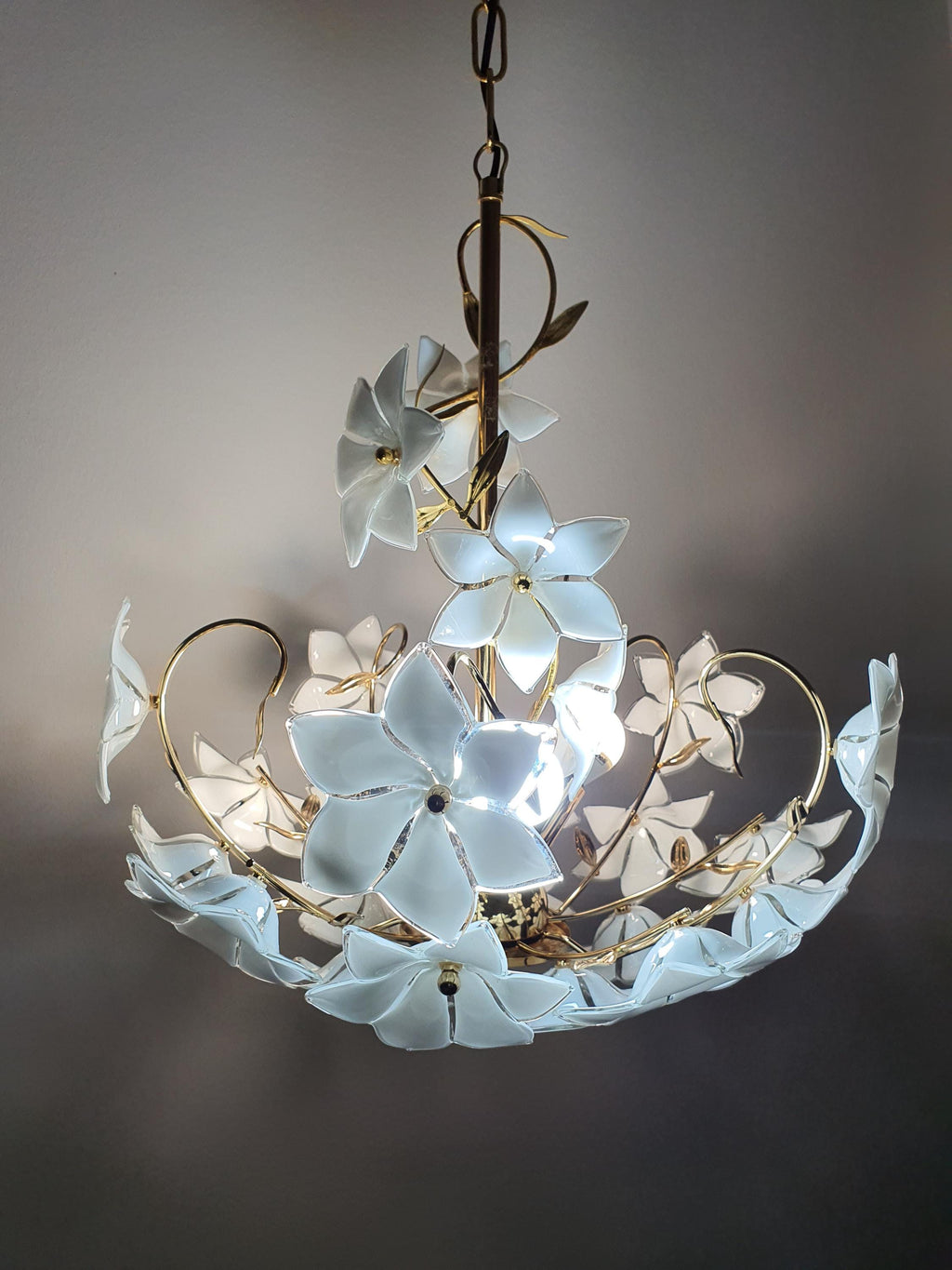 Vintage Murano Glass White Floral Chandelier | Hollywood Regency Dining Lighting