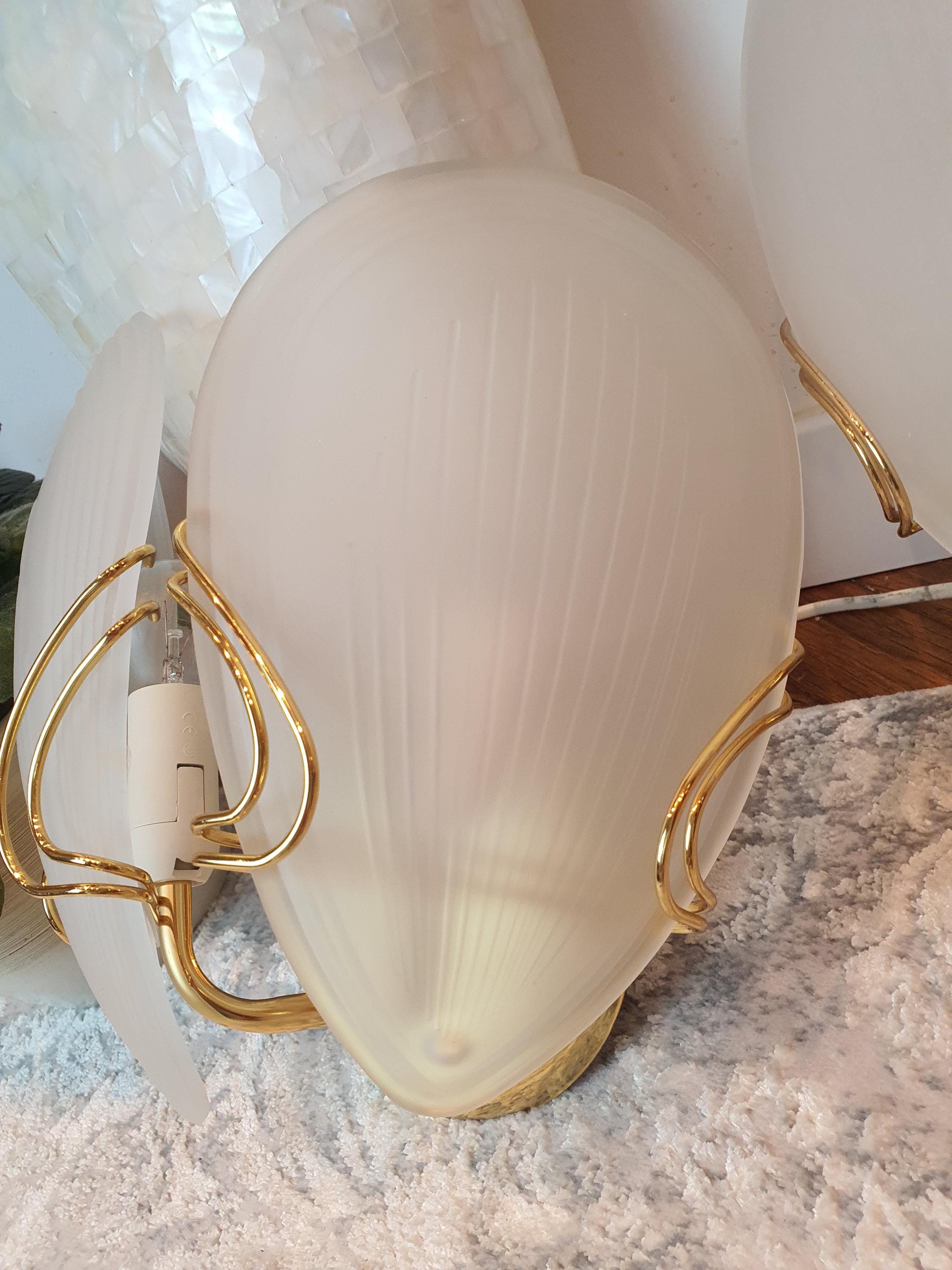 Art Deco Petal Wall Sconces: Matte Glass, Golden Base, Hollywood Regency Lights