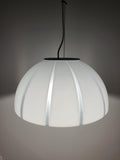 Vintage Murano glass bell pendant, white and clear striped glass, gold-toned canopy, 39cm diameter, Italy 1960s–1980s