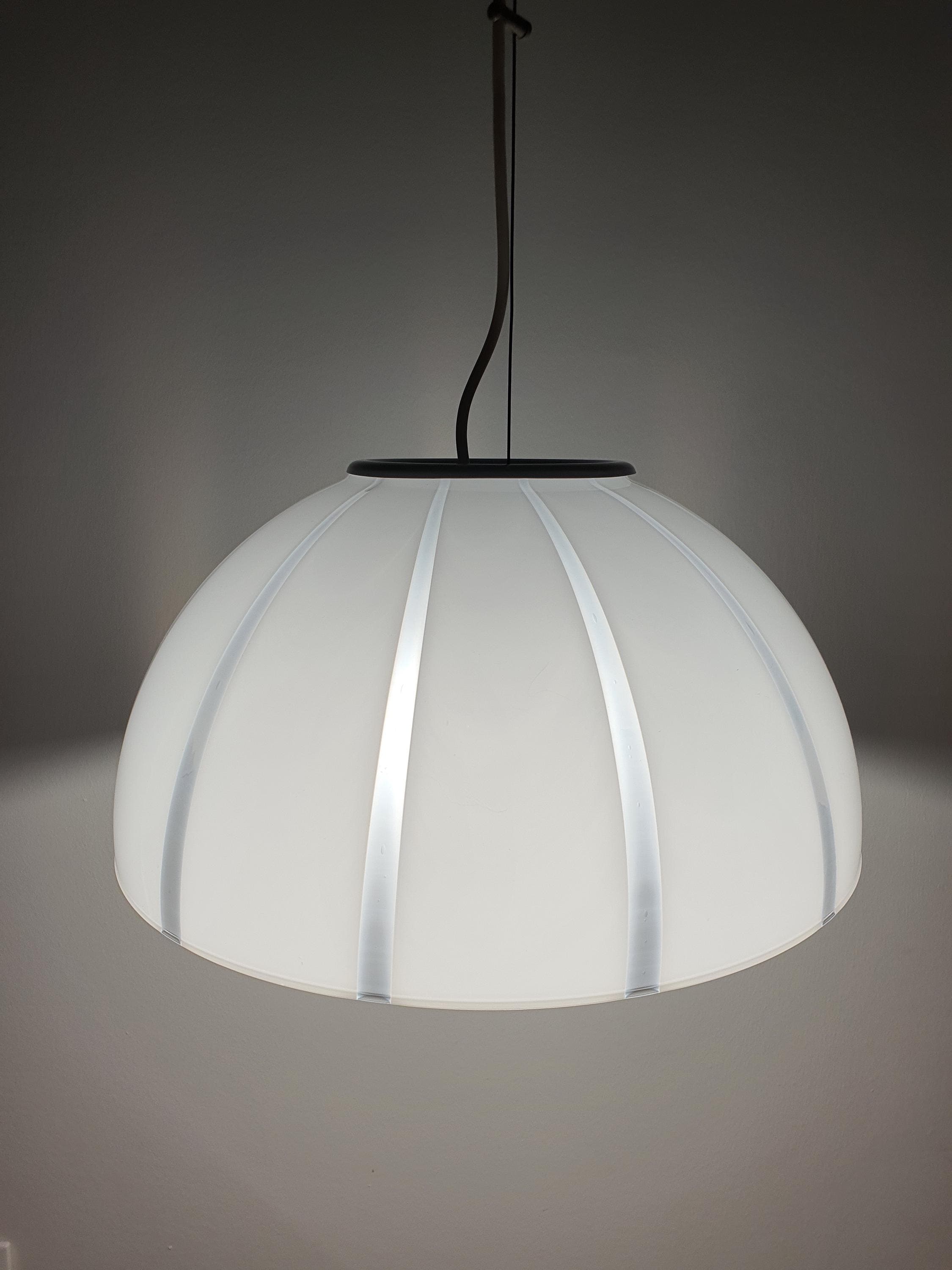 Vintage Murano glass bell pendant, white and clear striped glass, gold-toned canopy, 39cm diameter, Italy 1960s–1980s