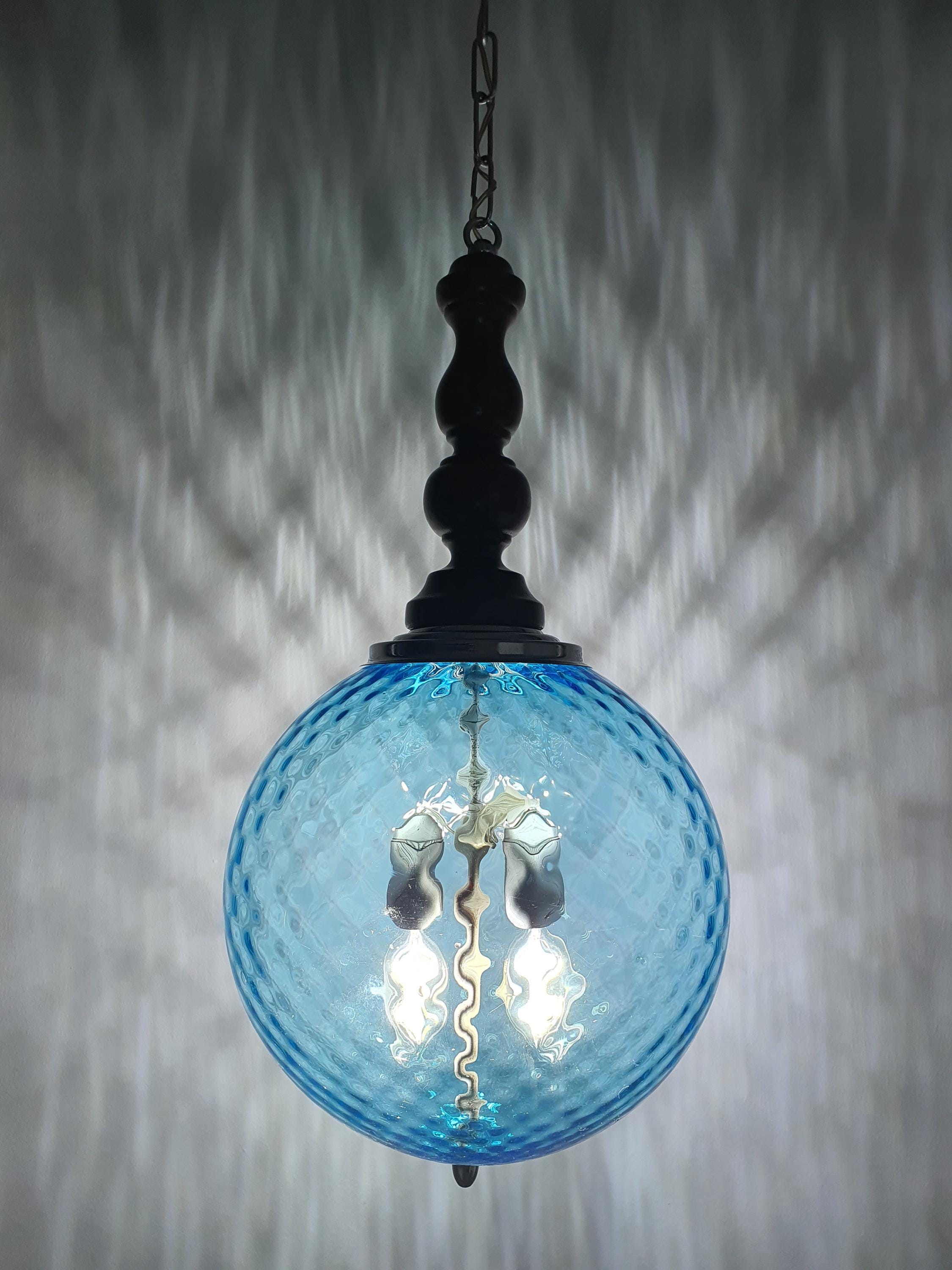 1950年代意大利穆拉诺蓝色玻璃球吊灯 木质镀铬结构