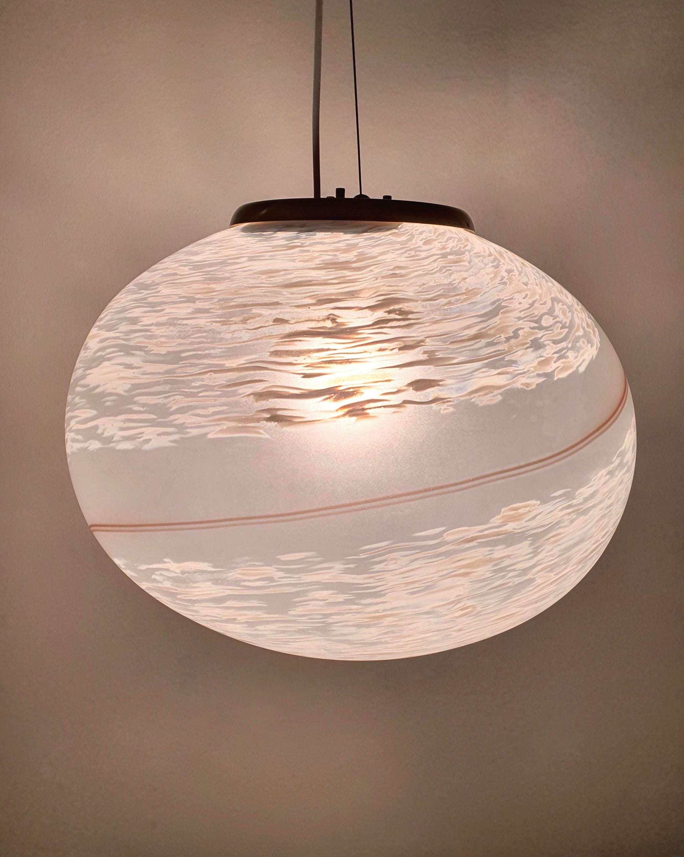 Murano Glass Pendant Light: Retro White Swirl Globe, Mid-Century Scandinavian Lamp