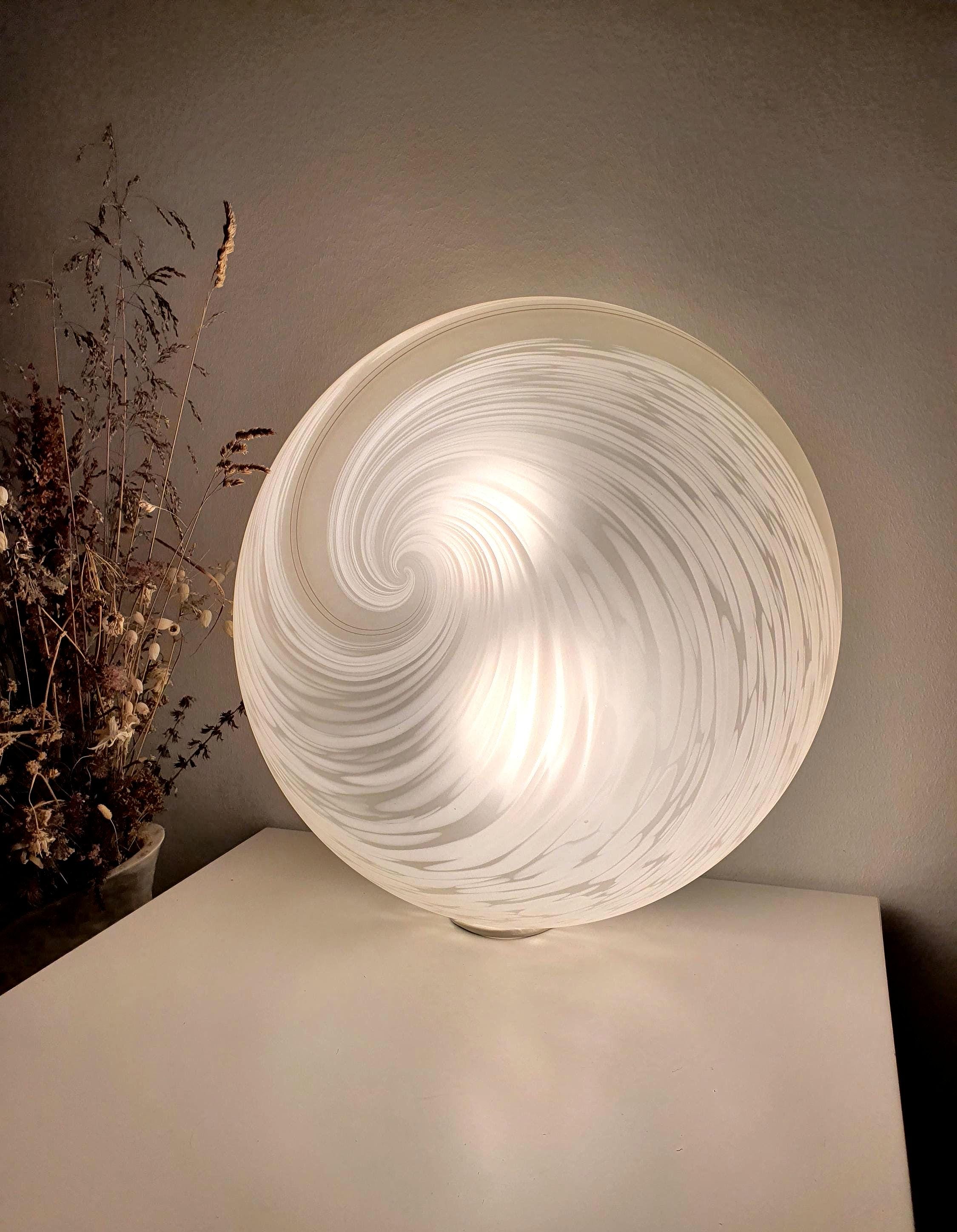 Vintage Murano Glass Flush Mount Light: White Brown Swirl Globe, MCM Decor
