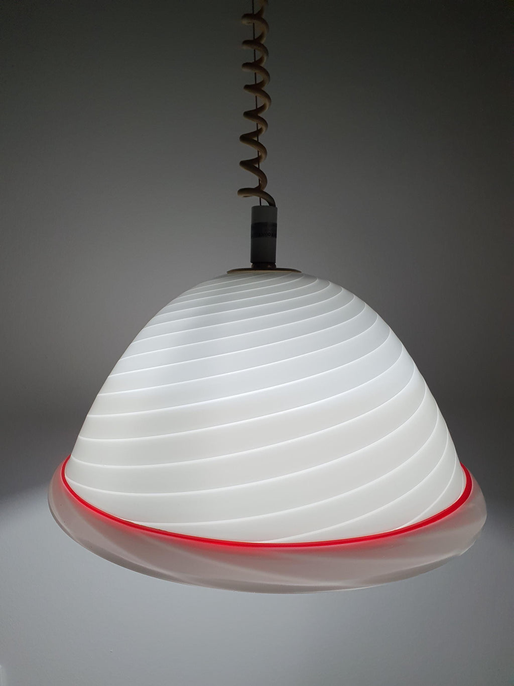De Majo Vintage Murano Glass Pendant Light | White Swirl Bell with Red Edge