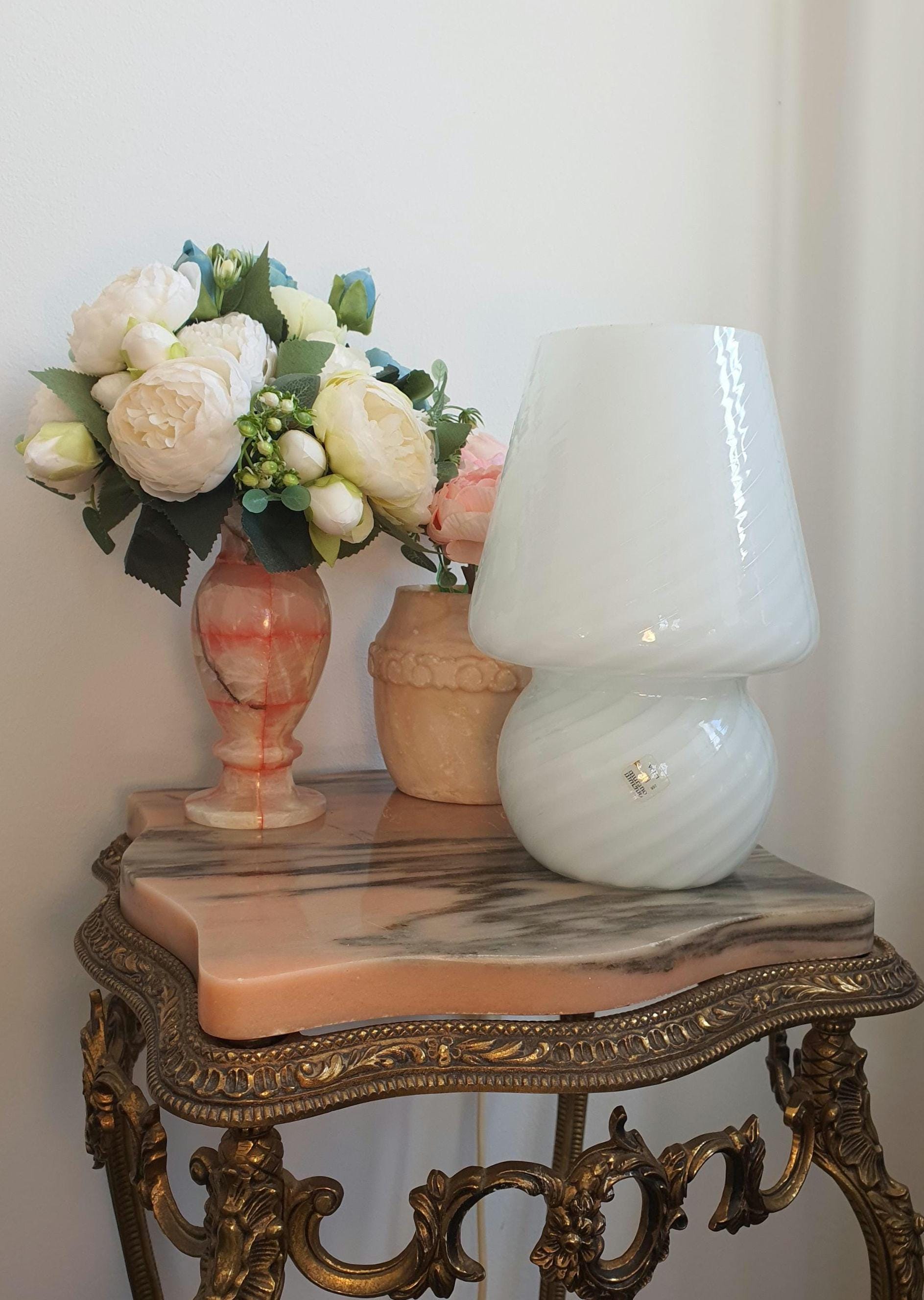 Vintage Murano Glass Mushroom Lamp: Mid-Century Modern White Swirl