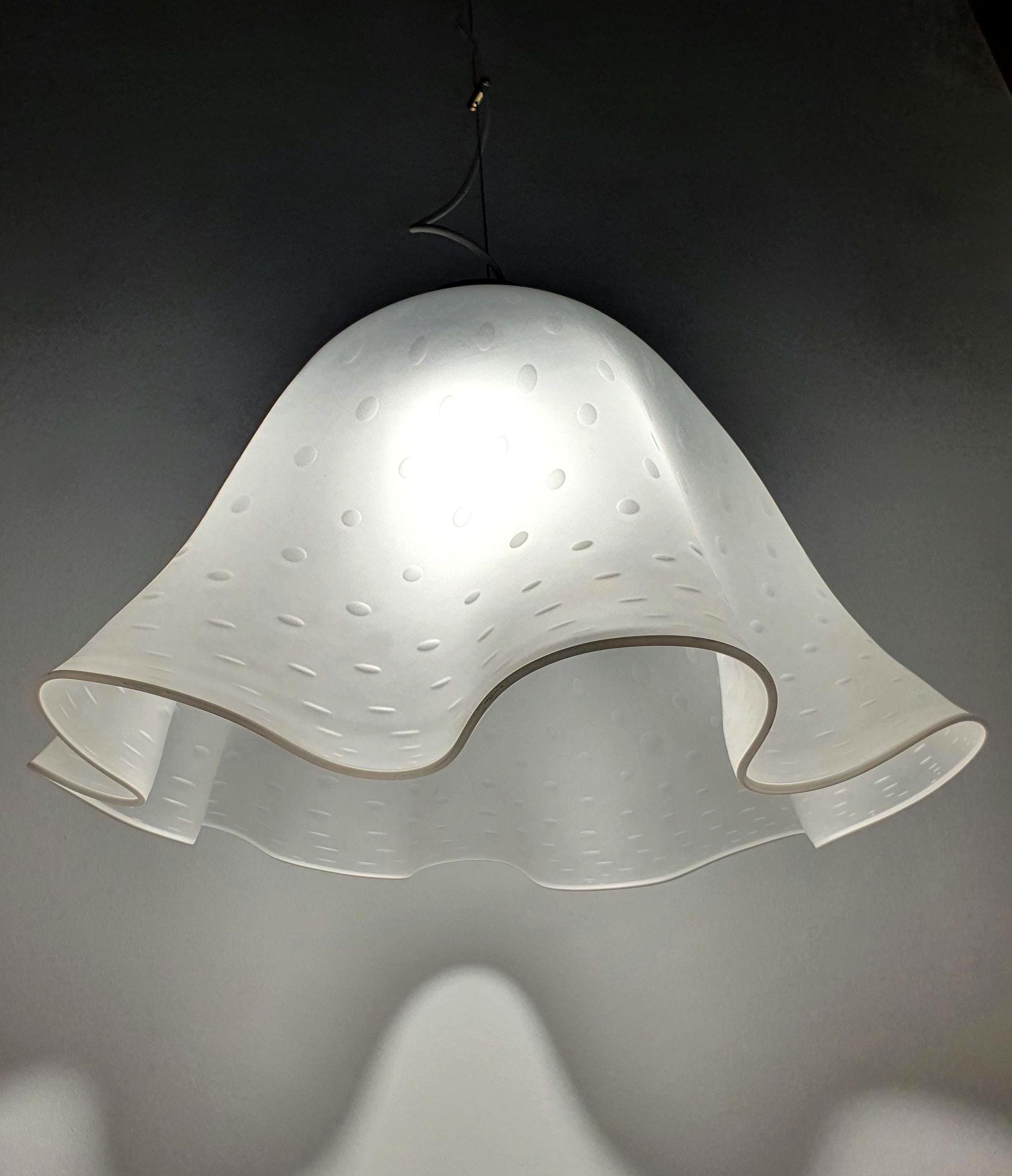 Vintage Murano glass Fazzoletto pendant light, satin white pulegoso bubbles, floral ruffled form, Italy