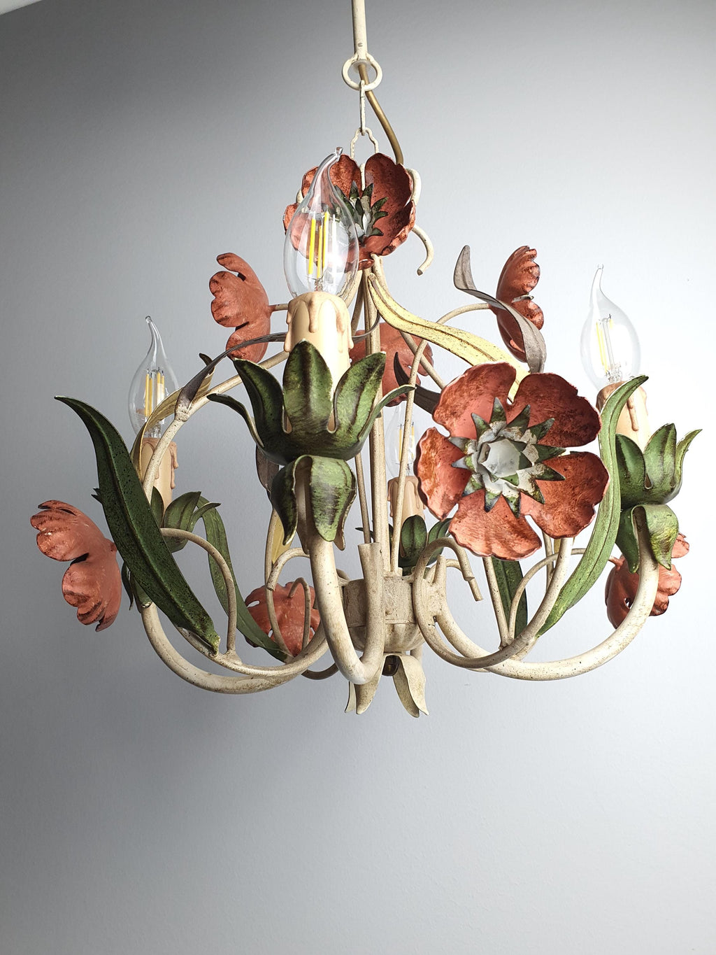 Vintage Italian tole chandelier in dining room, red poppy flowers green leaves, 4-arm candle style, cottage Mediterranean interior