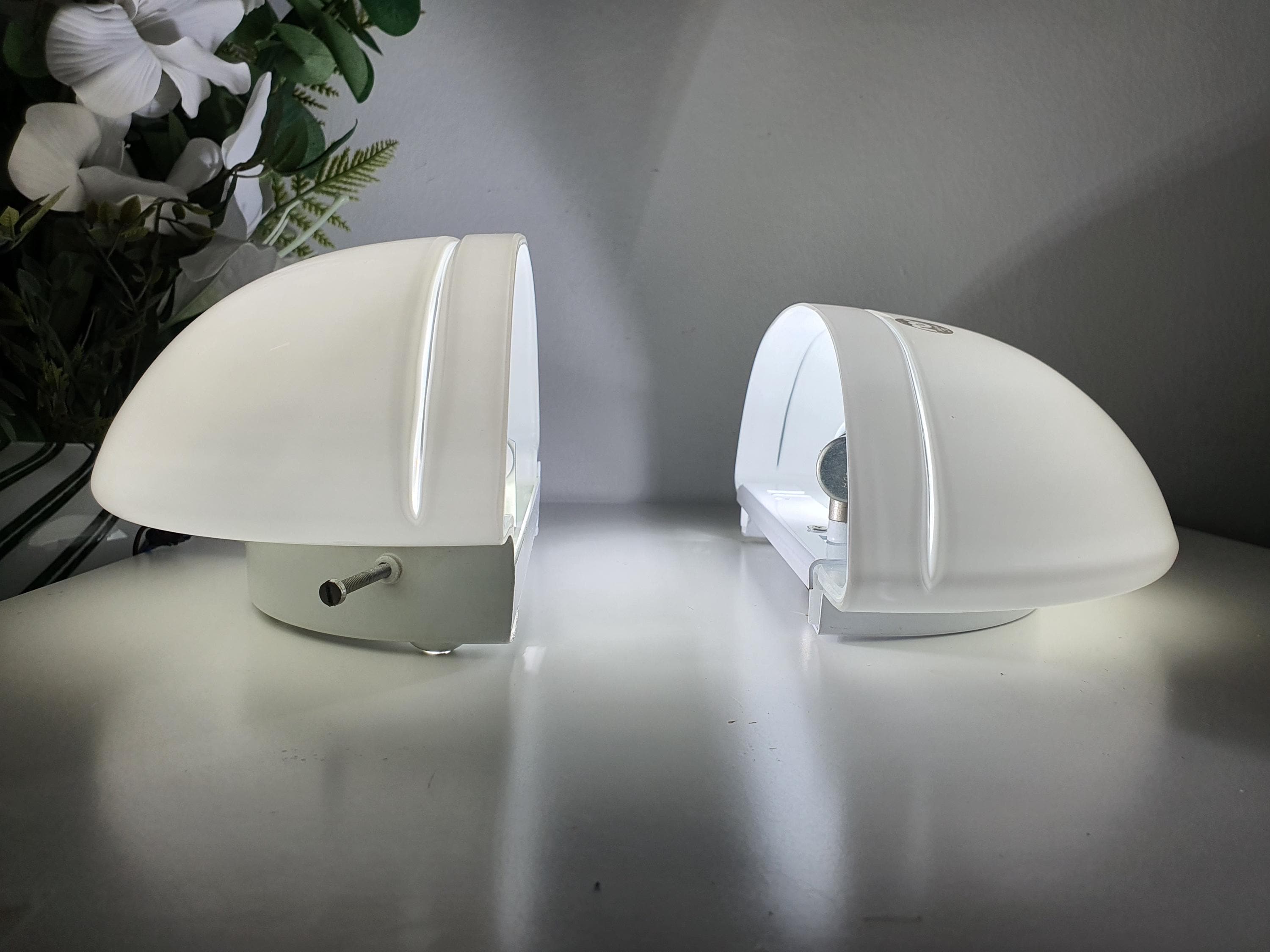 RES Murano Glass Pair Vintage Minimalist Half Moon White Wall Sconces