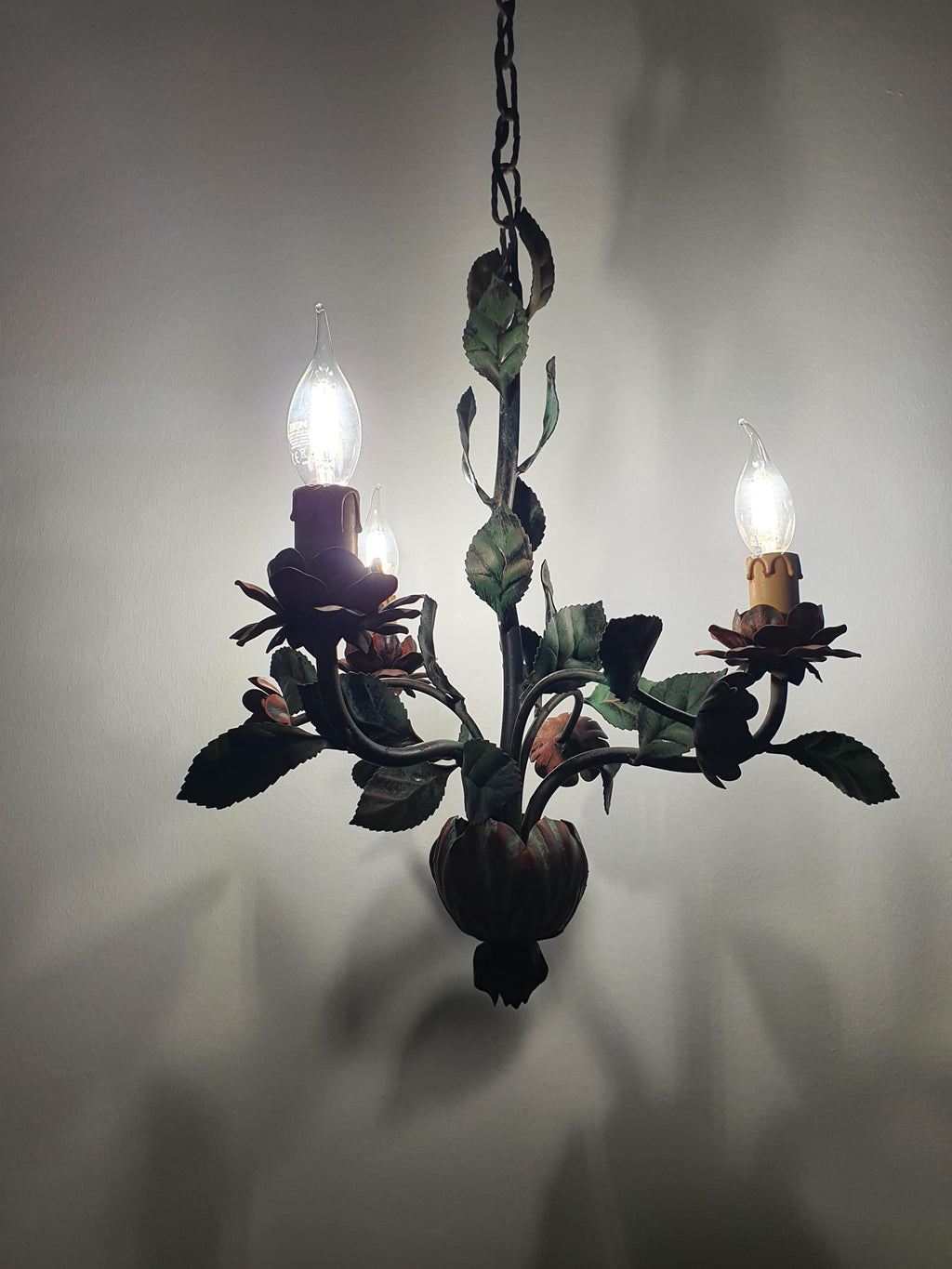 Vintage 1980s Italian floral chandelier with bohemian cottagecore styling
