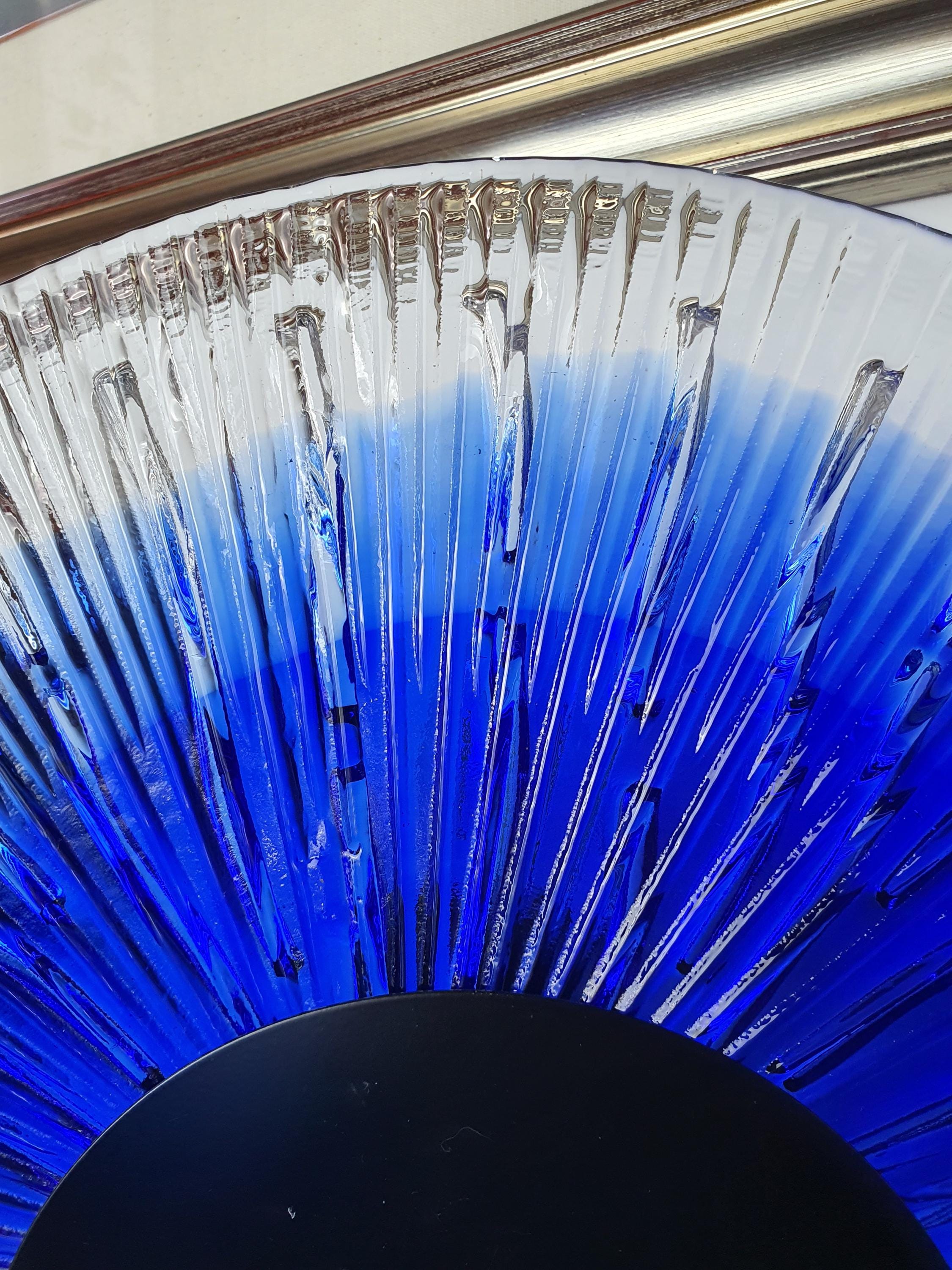 Italian Murano glass fan screen shade — deep blue dissolving to clear, side profile