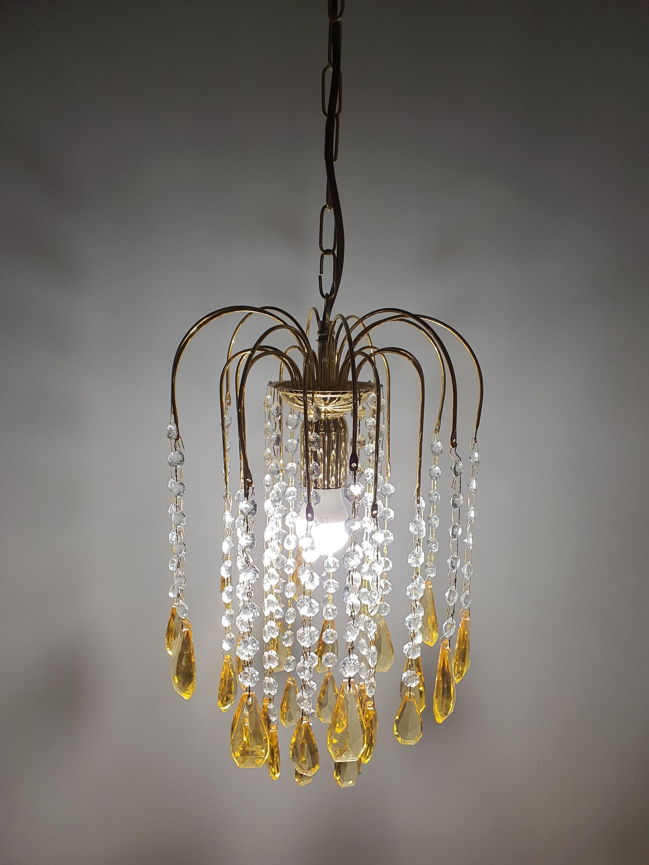 Small Vintage Honey Yellow Teardrop Chandelier | Hollywood Regency Gold Pendant Light