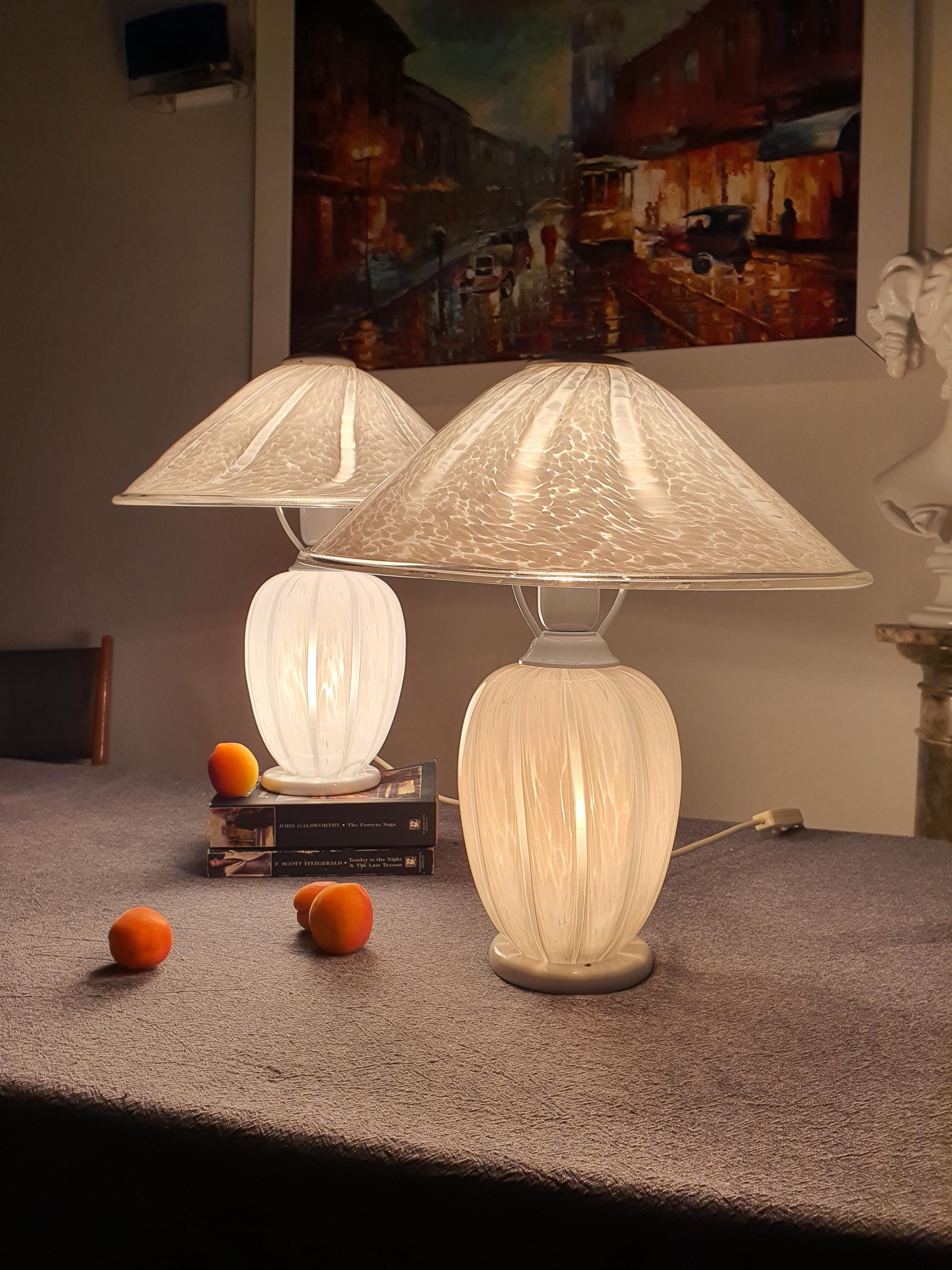 Pair of Murano glass mushroom lamps — different switchers visible, authentic vintage replacements