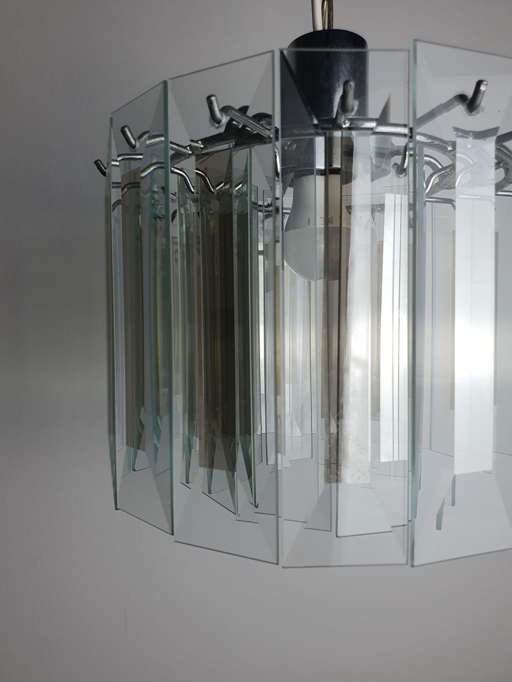 Vintage Art Deco chandelier in entryway, crystal glass petal sparkle, aged chrome, compact 26cm statement