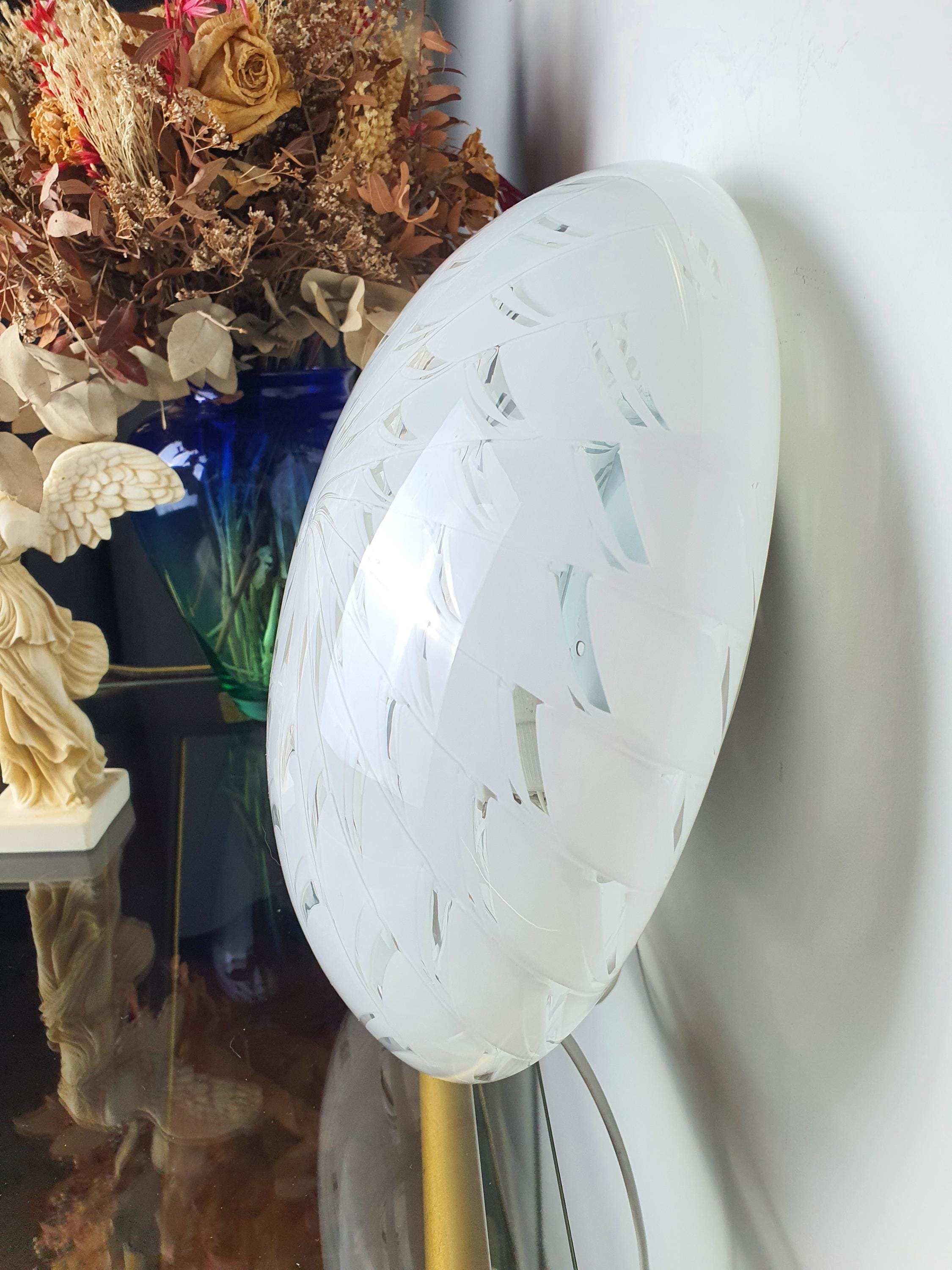 Vintage Murano starburst flush mount as ceiling light, white clear spiderweb pattern, low ceiling installation, Scandinavian interior
