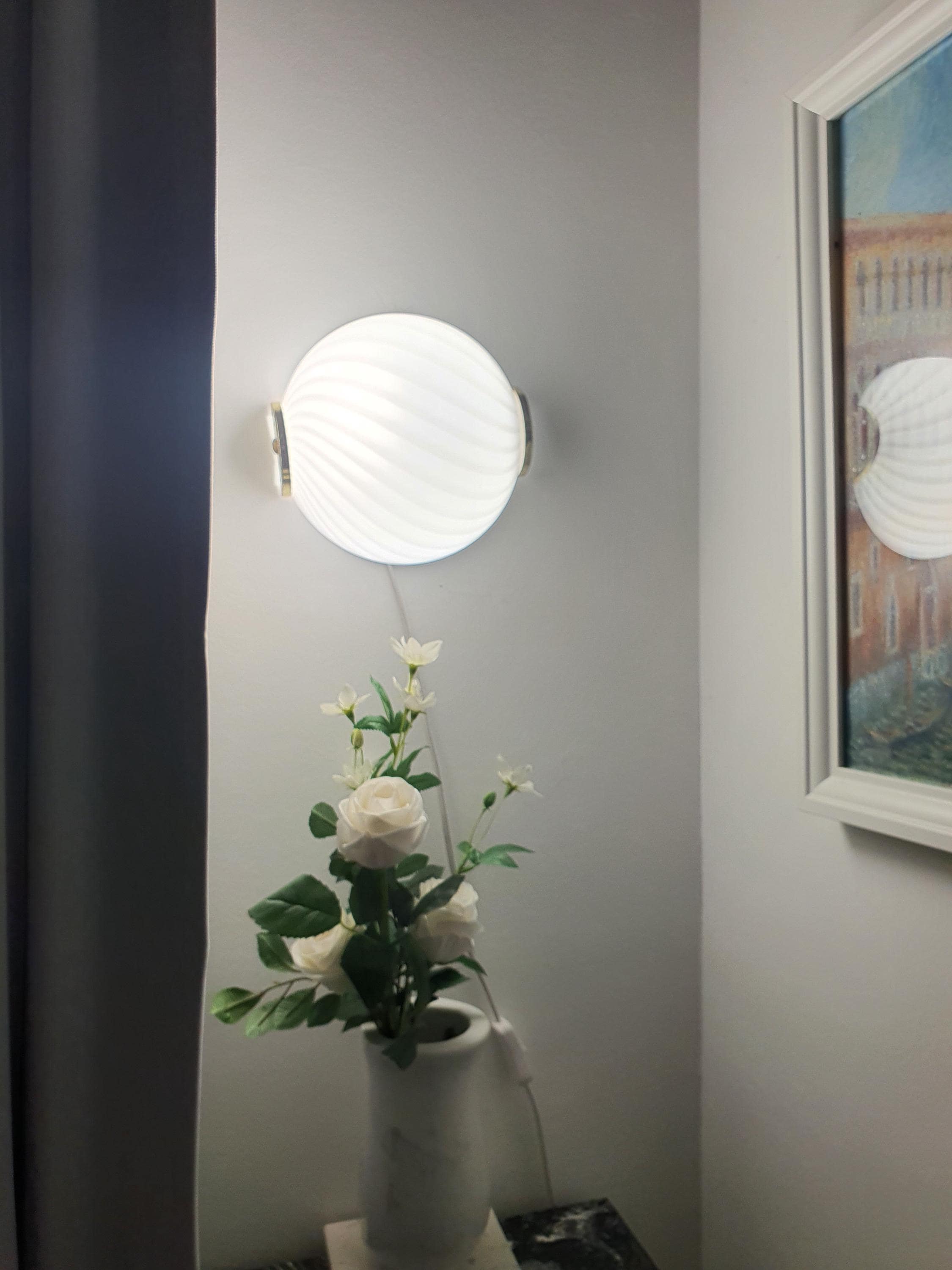 Small Murano glass flush mount light, white filigrana swirl pattern, front view