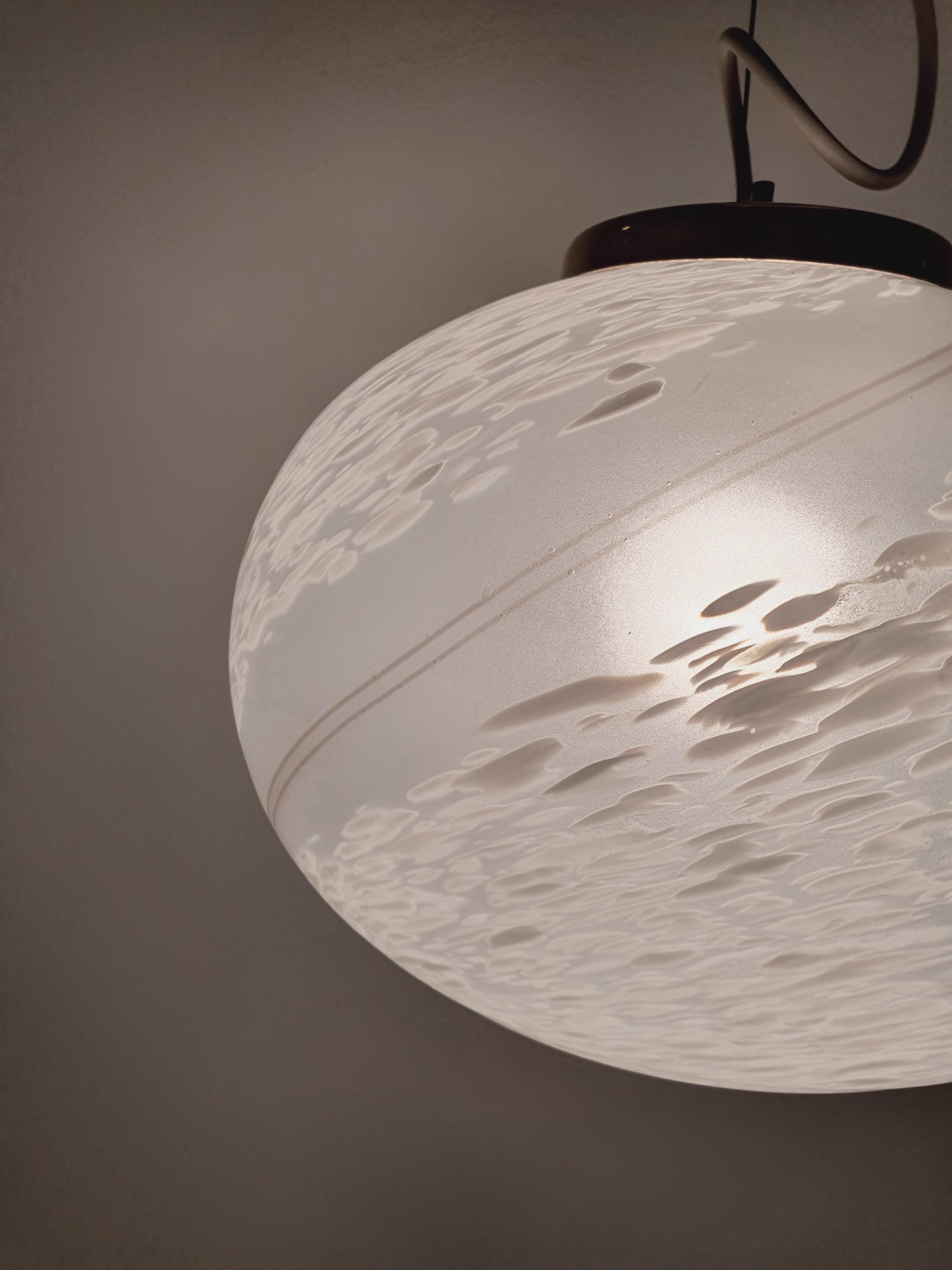 Murano Glass Pendant Light: White Swirl Globe, Mid-Century Scandinavian Lamp