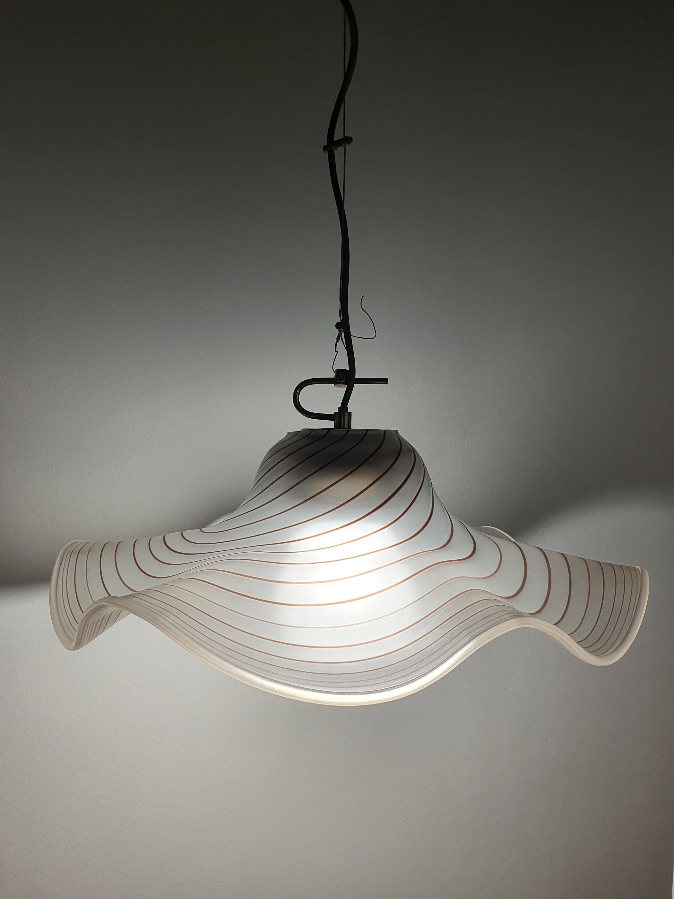 Satin Murano glass flowing organic shape accent pendant light with brown swirls