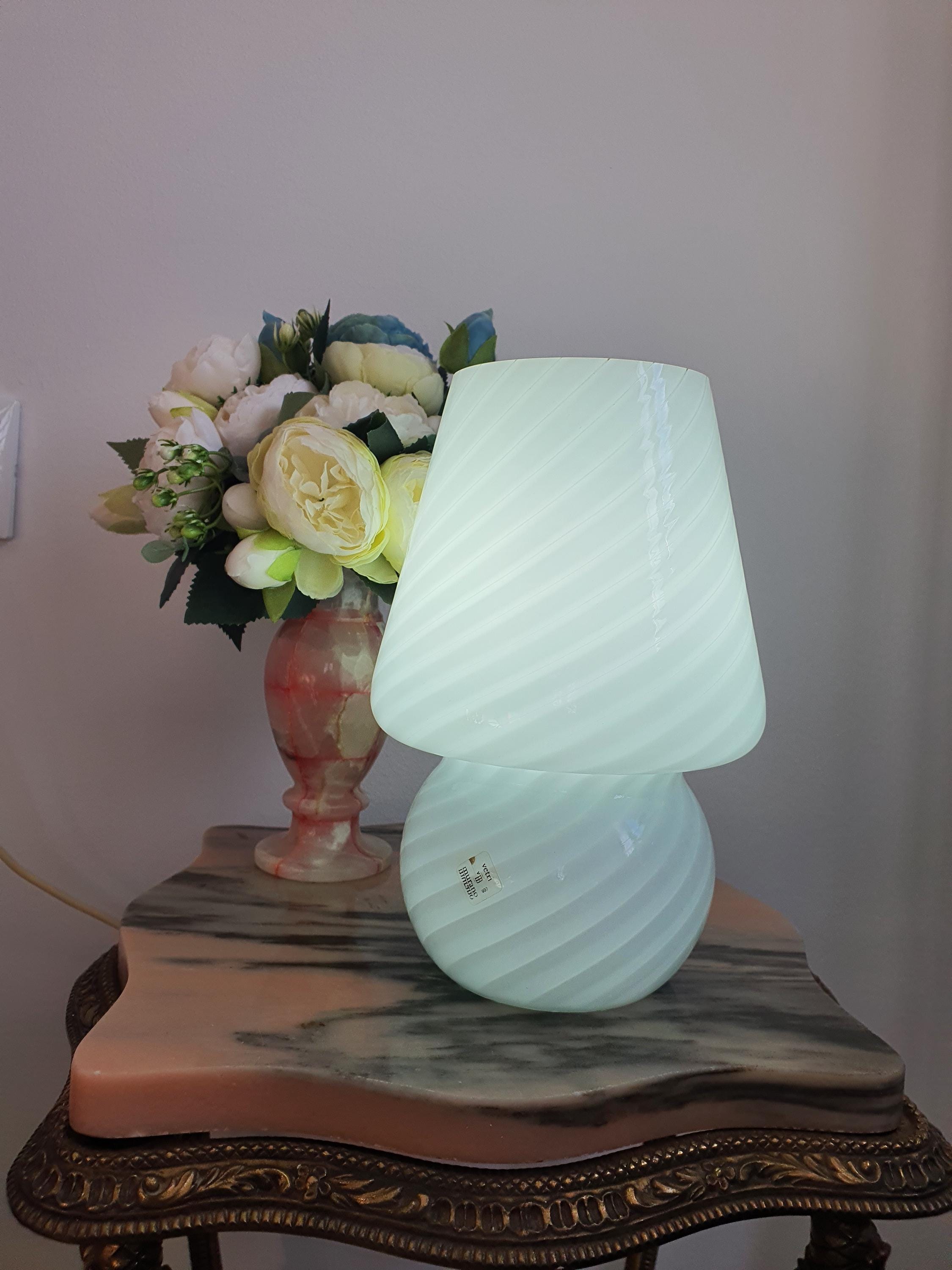 Vintage Murano Glass Mushroom Lamp: Mid-Century Modern White Swirl
