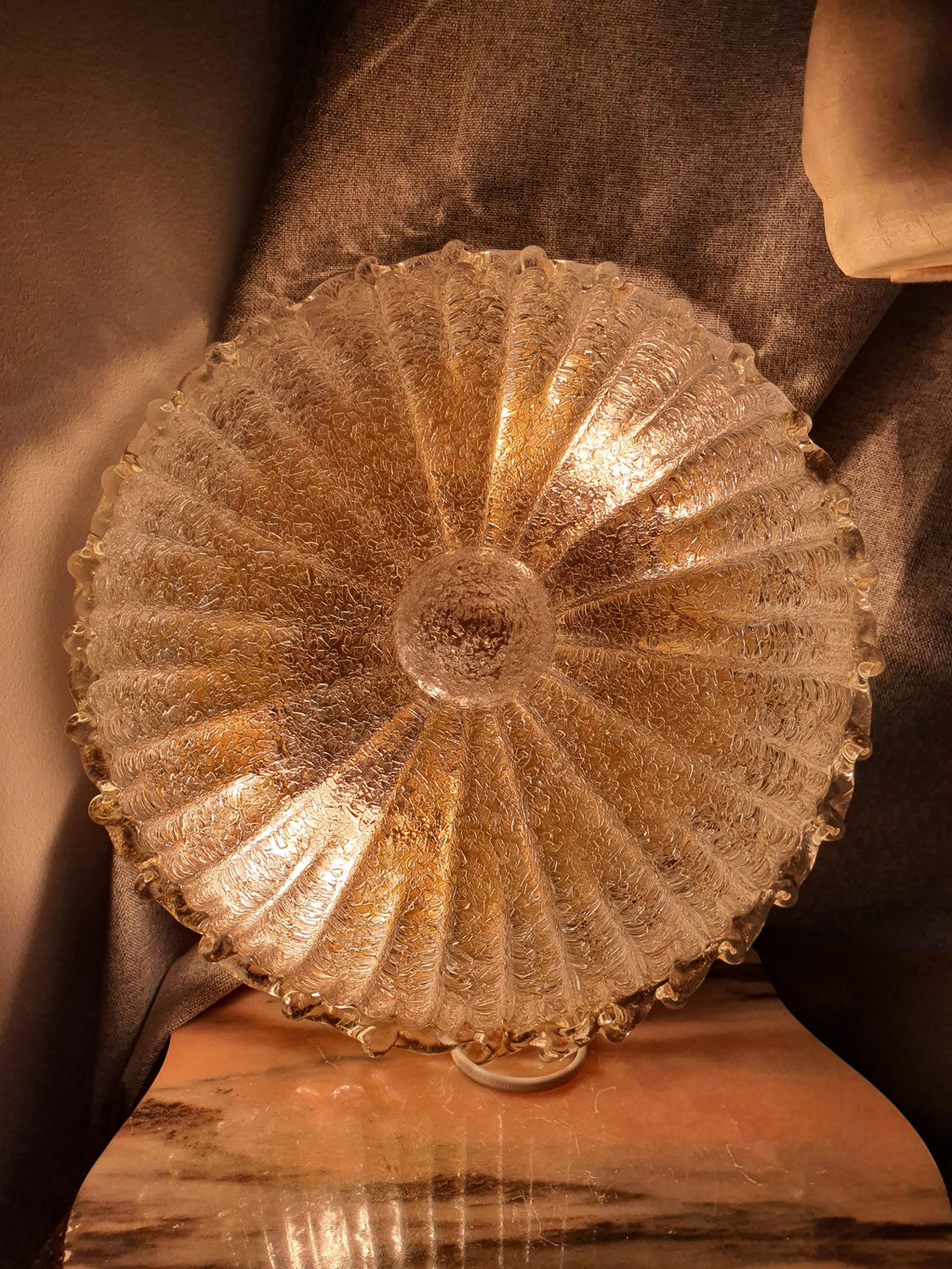 Vintage Murano Glass Flush Mount – Clear Iced Shell, Gold Avventurina Edges, Hollywood Regency MCM