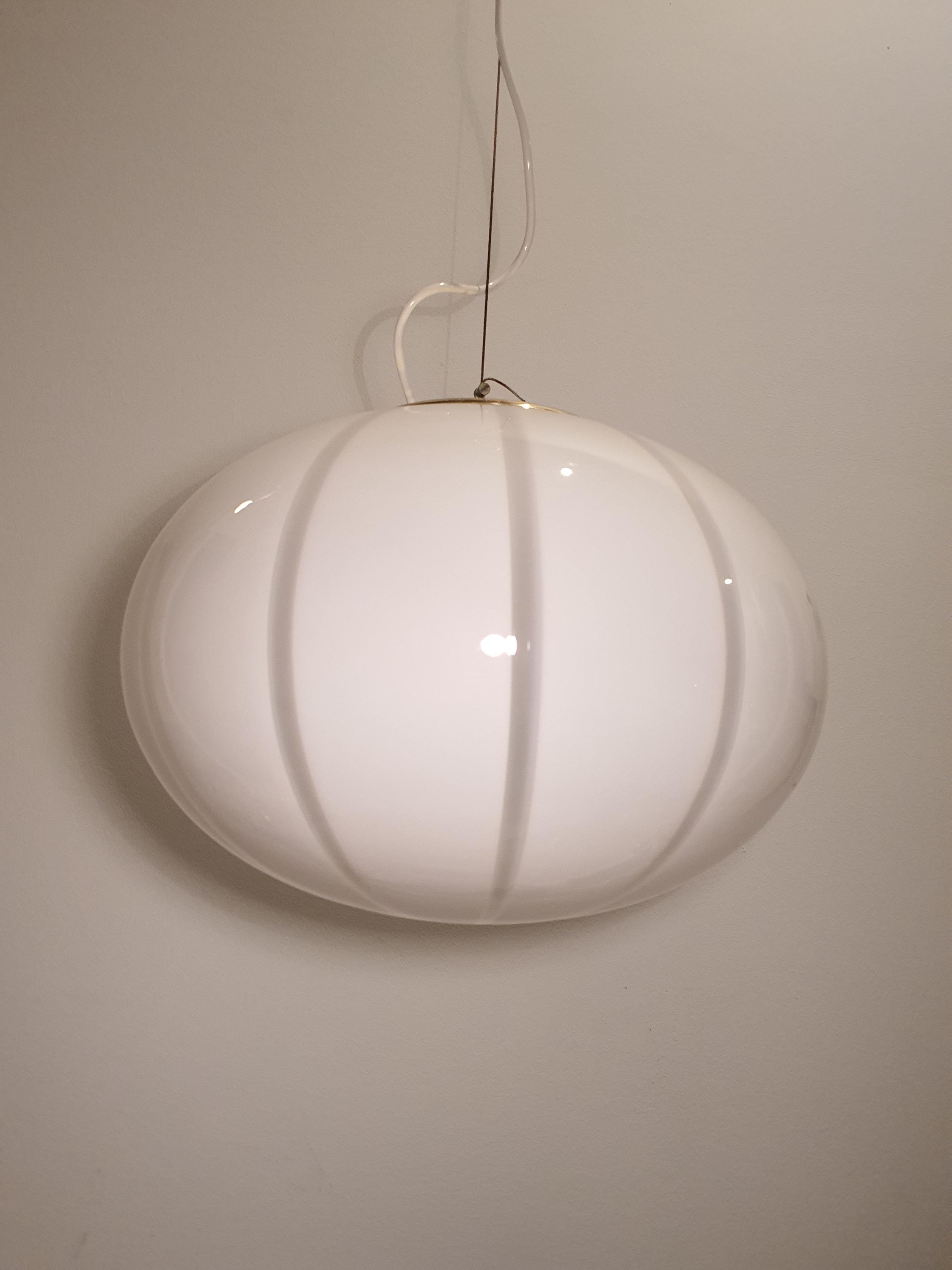 Vintage Murano Glass Globe Pendant Light: Striped White Ball Lamp