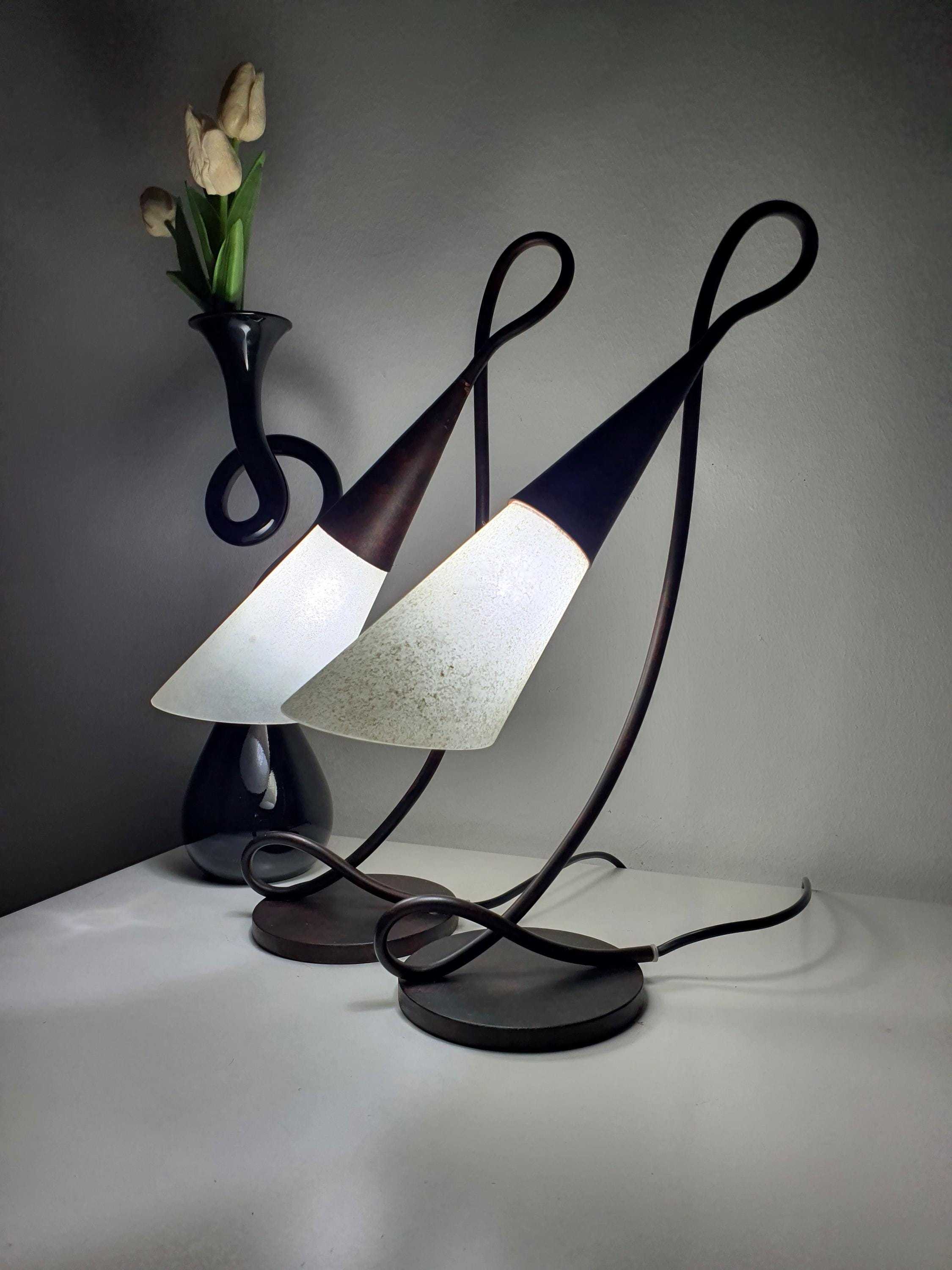 Pair of Terzani-Inspired Postmodern Murano Glass Bedside Lamps with Wrought Iron Bases