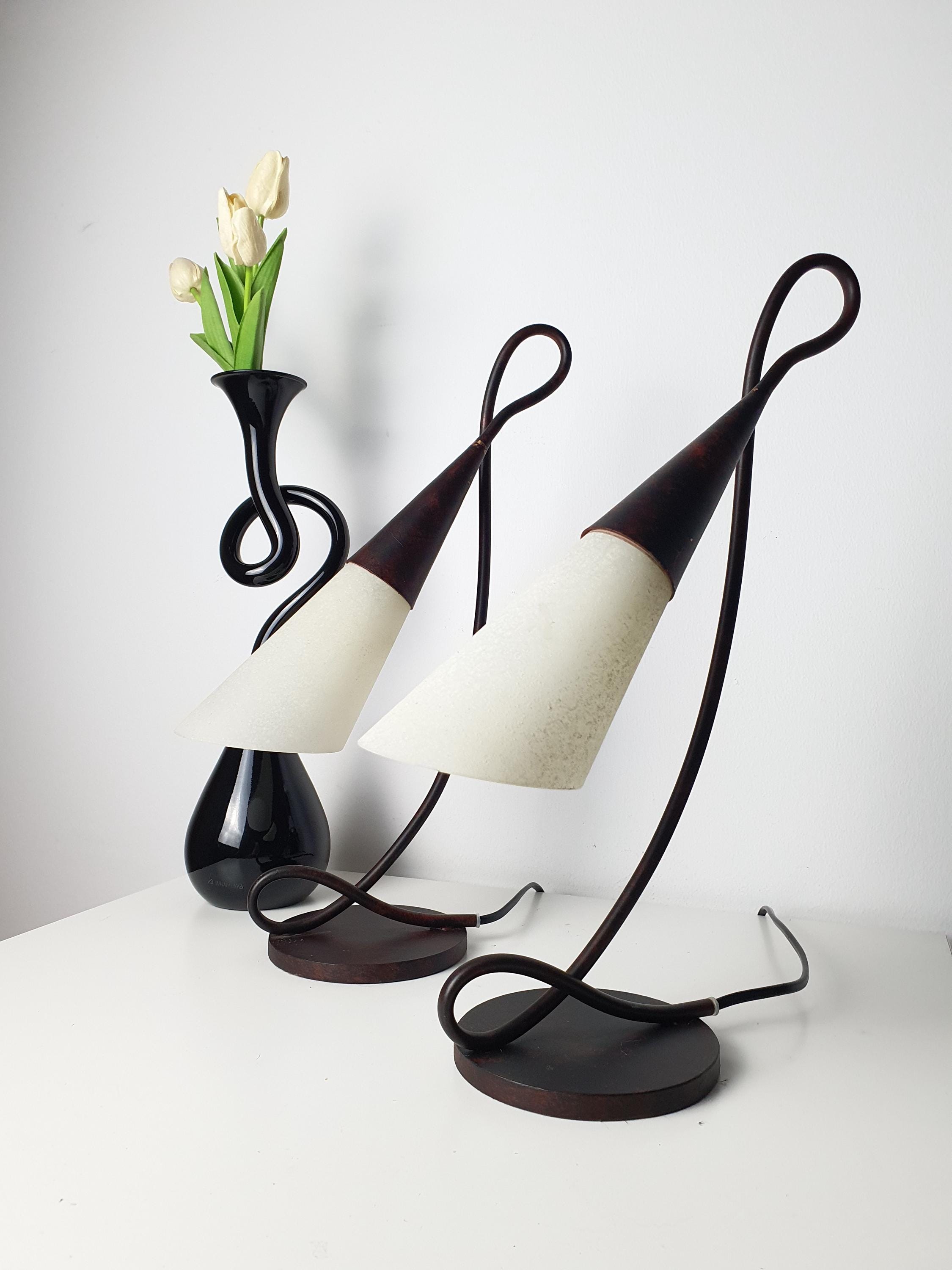 Pair of Terzani-Inspired Postmodern Murano Glass Bedside Lamps with Wrought Iron Bases