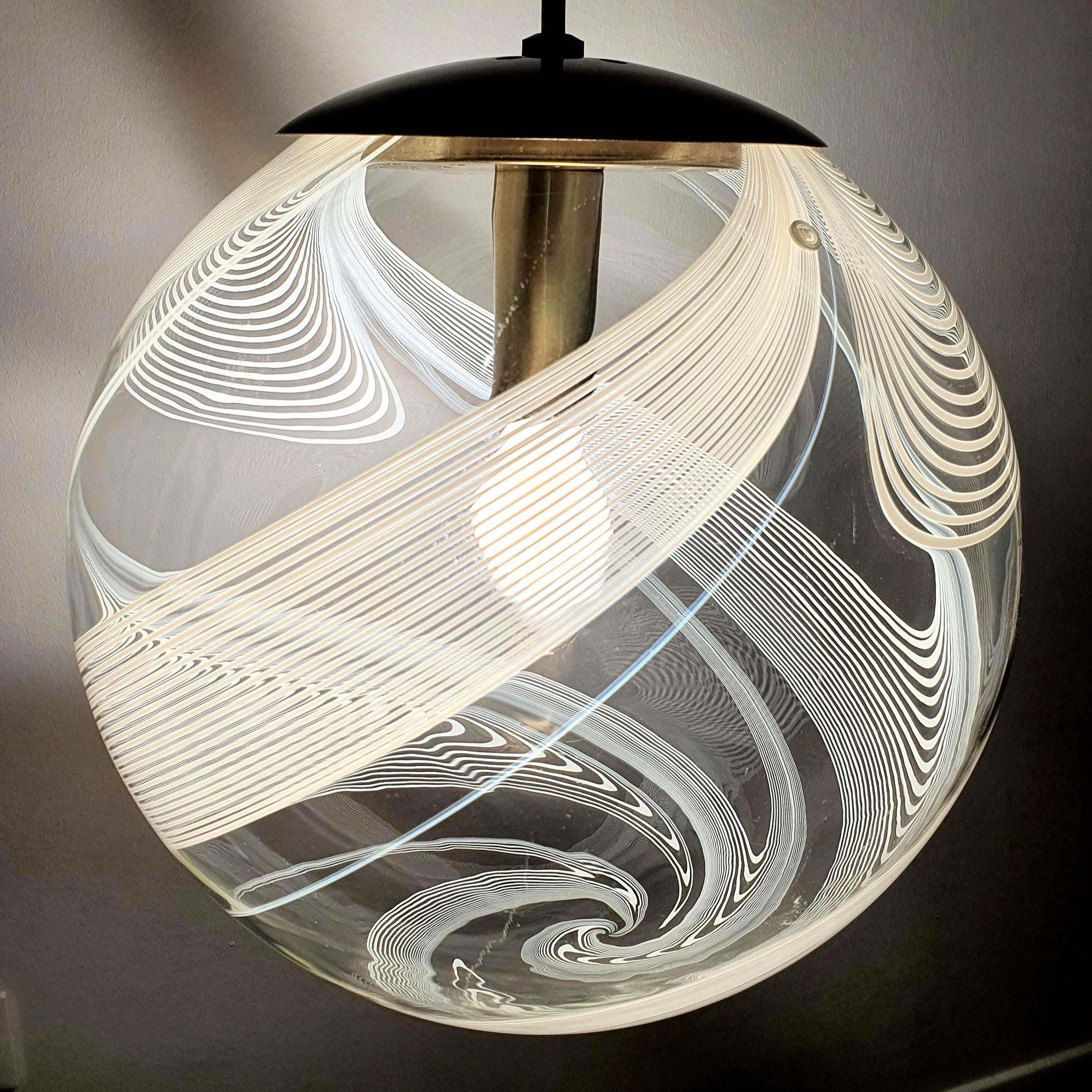 Vintage La Murrina Murano glass globe pendant light, clear with white swirl pattern and gold base