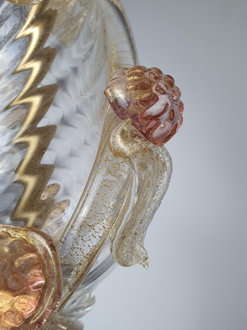 Pair of vintage Murano aventurine gold flake bedside lamps on nightstands, warm gold shimmer, pink grapes, Grandmillennial bedroom