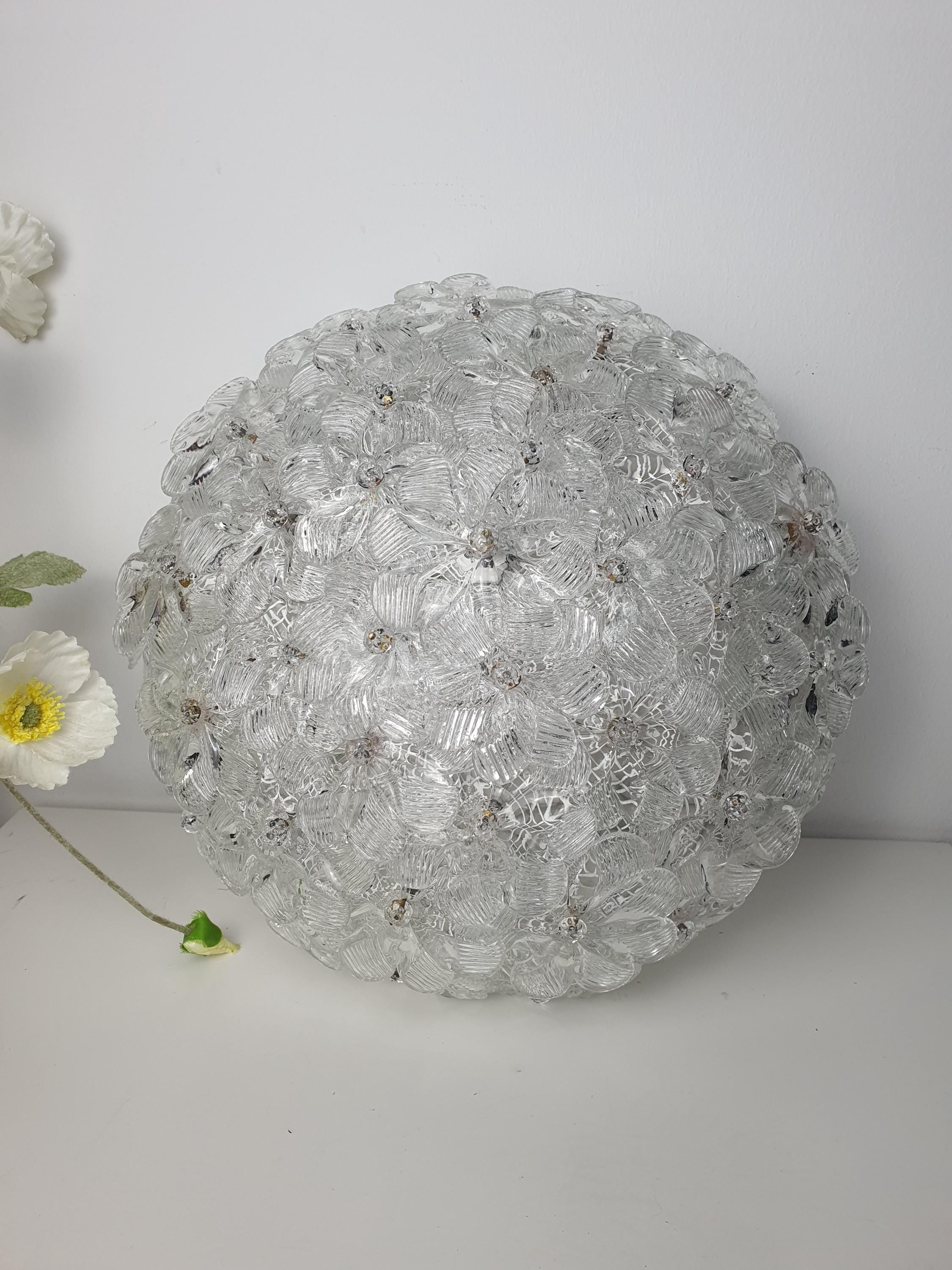 Vintage Murano glass ceiling fixture — clear glass with embedded flowers, Art Nouveau style